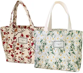 2PCS Small Tote Bag for Women Mini Canvas Embroidered Daisy Book Tote Bag Cute Corduroy Aesthetic Floral Reusable Bags for Grocery, Essentials, Water Bottle, Keys, Book, Bible