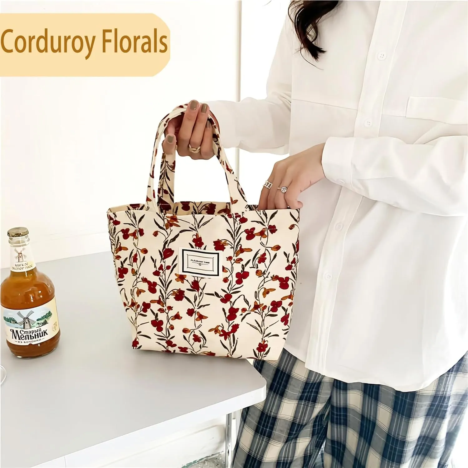 2PCS Small Tote Bag for Women Mini Canvas Embroidered Daisy Book Tote Bag Cute Corduroy Aesthetic Floral Reusable Bags for Grocery, Essentials, Water Bottle, Keys, Book, Bible