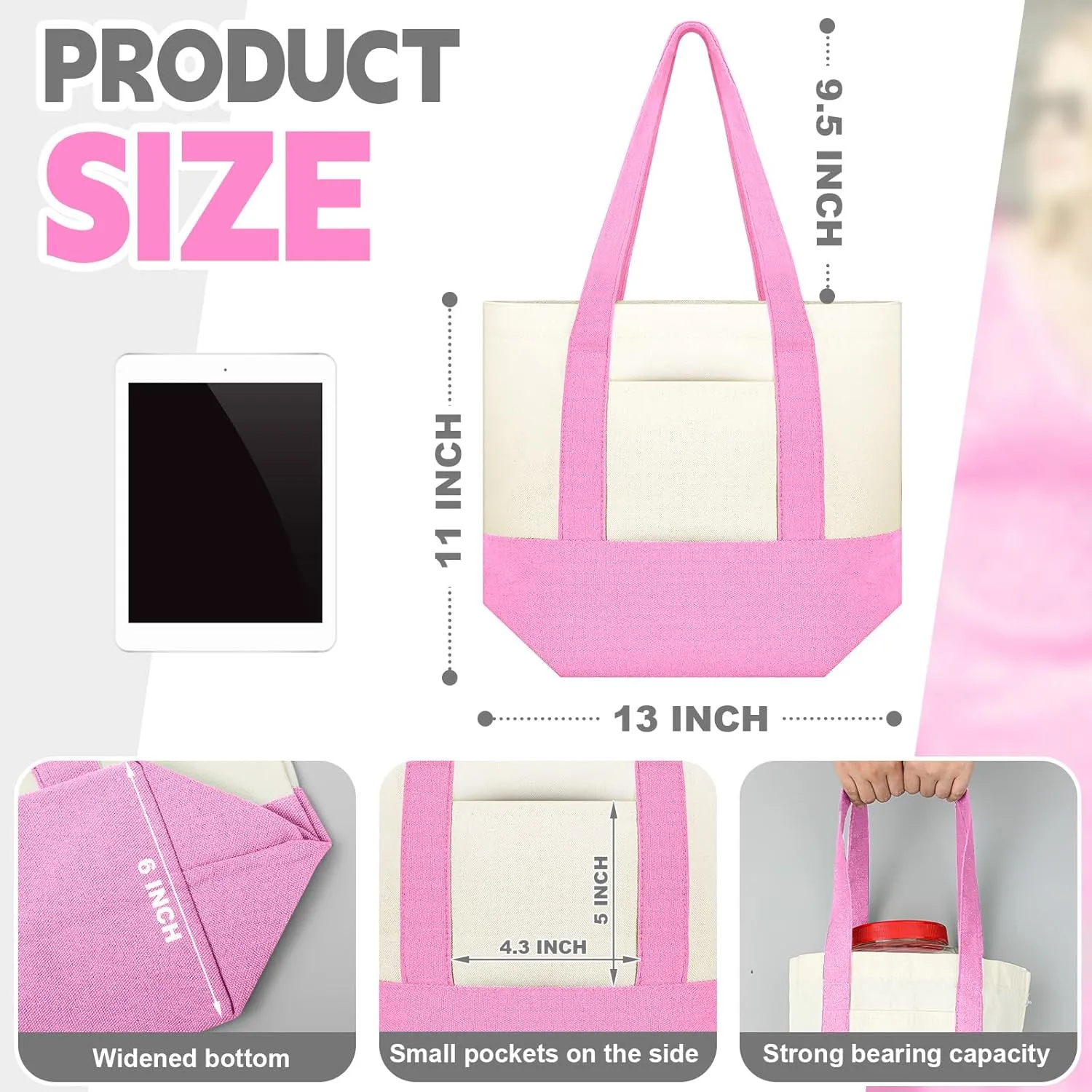 Amylove 1 Pcs Mini Canvas Tote Bag with Pockets 13" x 11" Duty Canvas Sublimation Blank Small Bag Reusable Tote for Crafts DIY (Pink)
