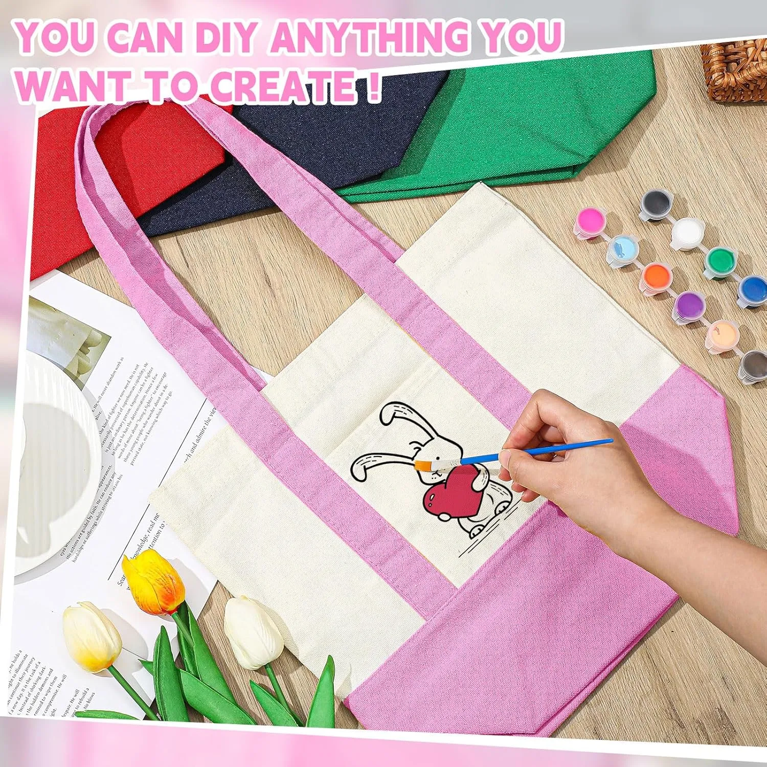 Amylove 1 Pcs Mini Canvas Tote Bag with Pockets 13" x 11" Duty Canvas Sublimation Blank Small Bag Reusable Tote for Crafts DIY (Pink)