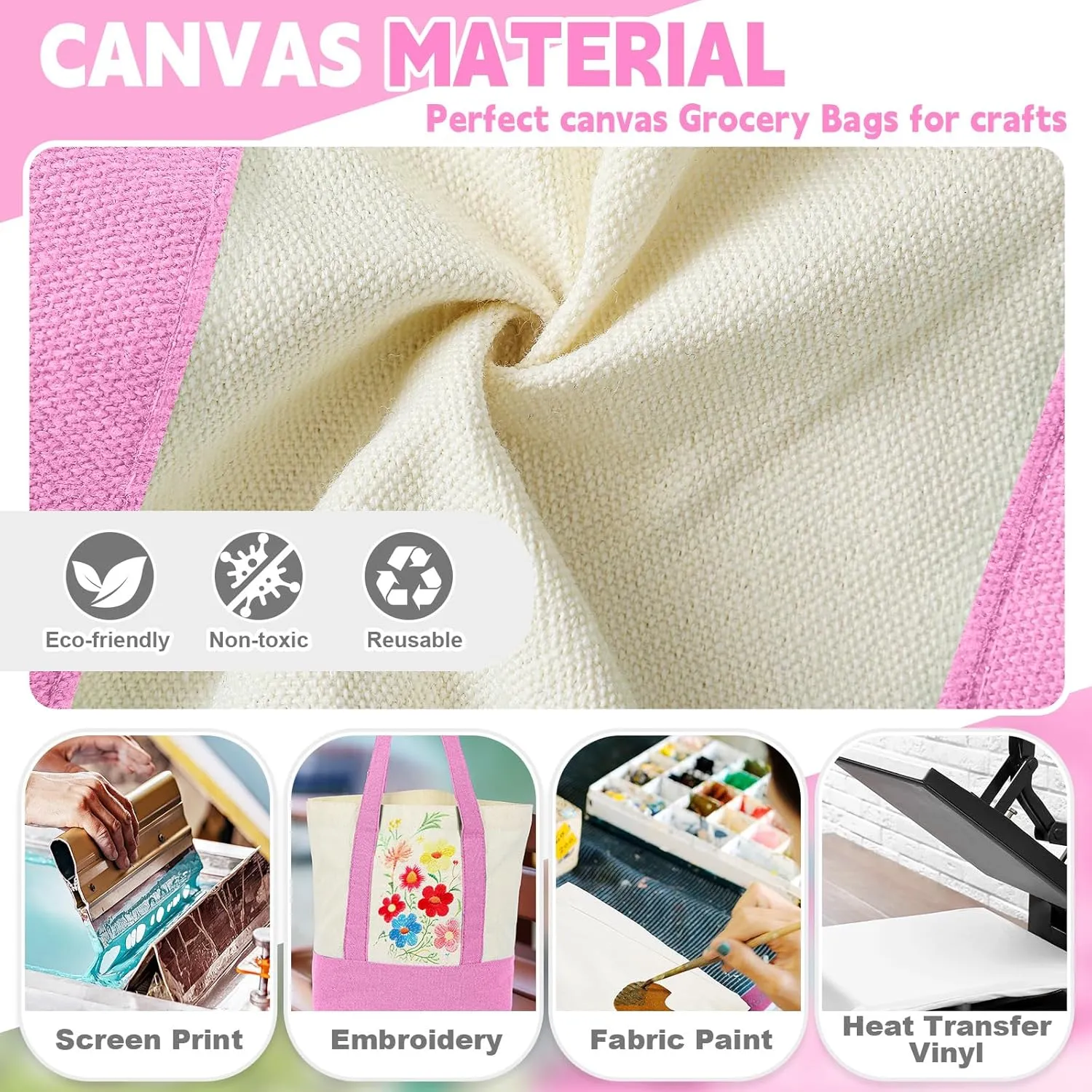 Amylove 1 Pcs Mini Canvas Tote Bag with Pockets 13" x 11" Duty Canvas Sublimation Blank Small Bag Reusable Tote for Crafts DIY (Pink)