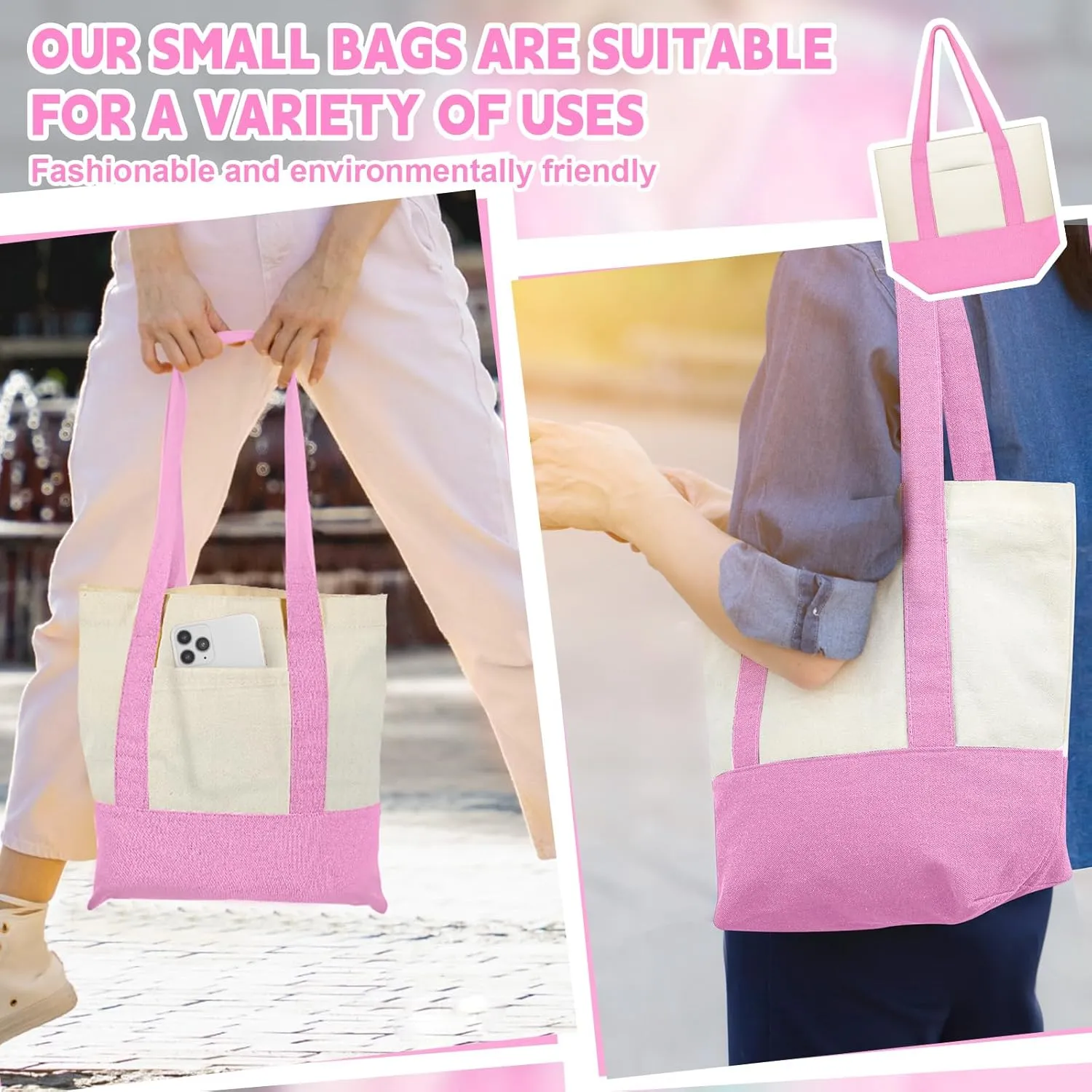 Amylove 1 Pcs Mini Canvas Tote Bag with Pockets 13" x 11" Duty Canvas Sublimation Blank Small Bag Reusable Tote for Crafts DIY (Pink)