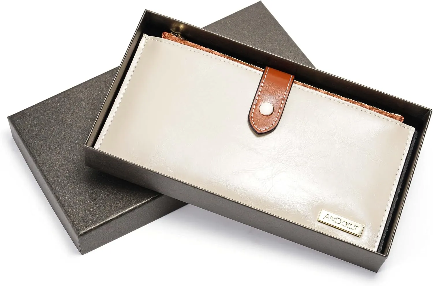 ANDOILT Women's Genuine Leather Wallet RFID Blocking Credit Card Holder Zipper Purse Cell Phone Handbag
