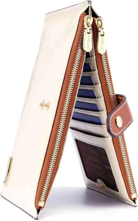 ANDOILT Women's Genuine Leather Wallet RFID Blocking Credit Card Holder Zipper Purse Cell Phone Handbag