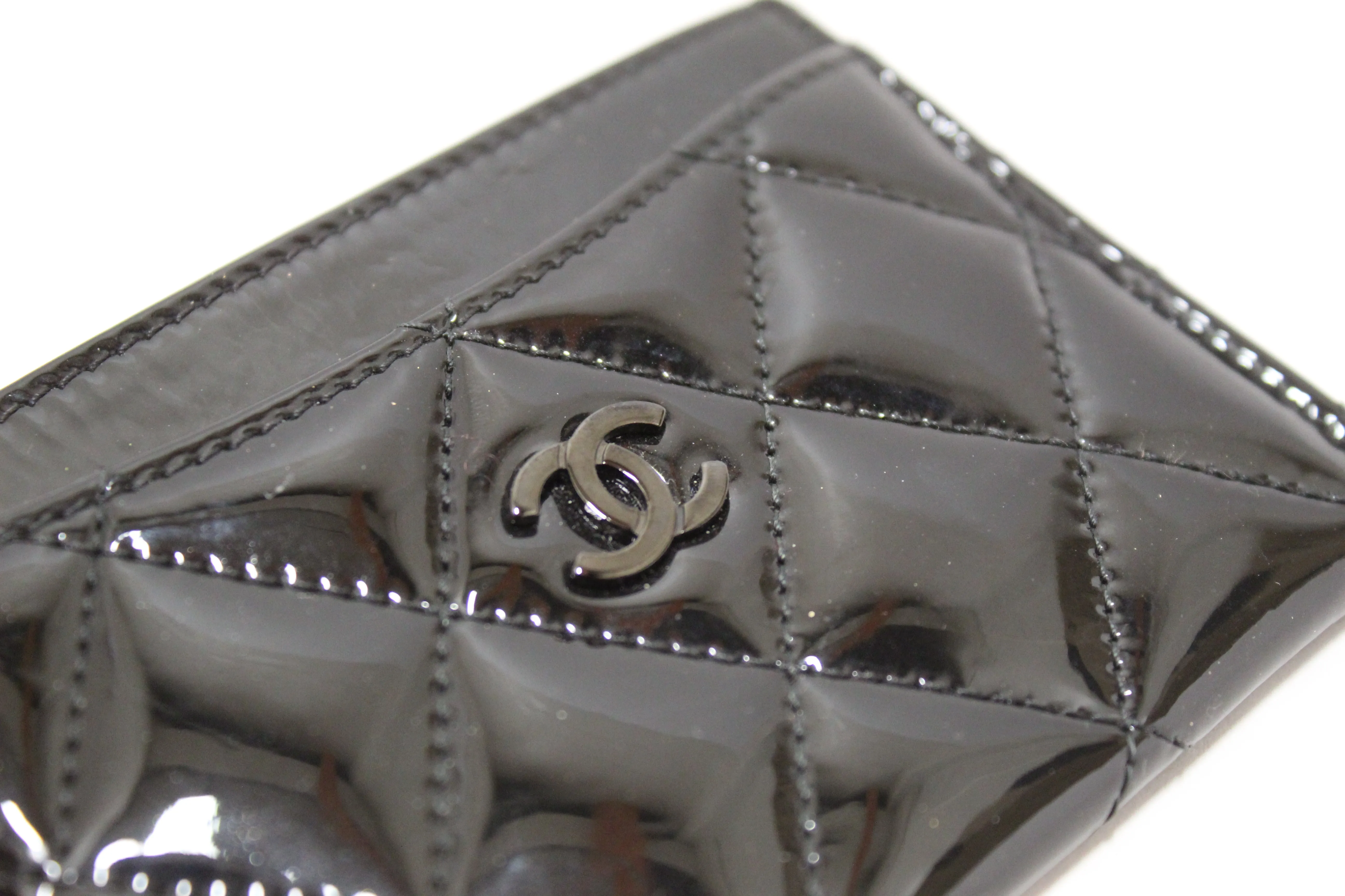 Authentic Chanel Black Quilted Patent Leather Leather Card Holder