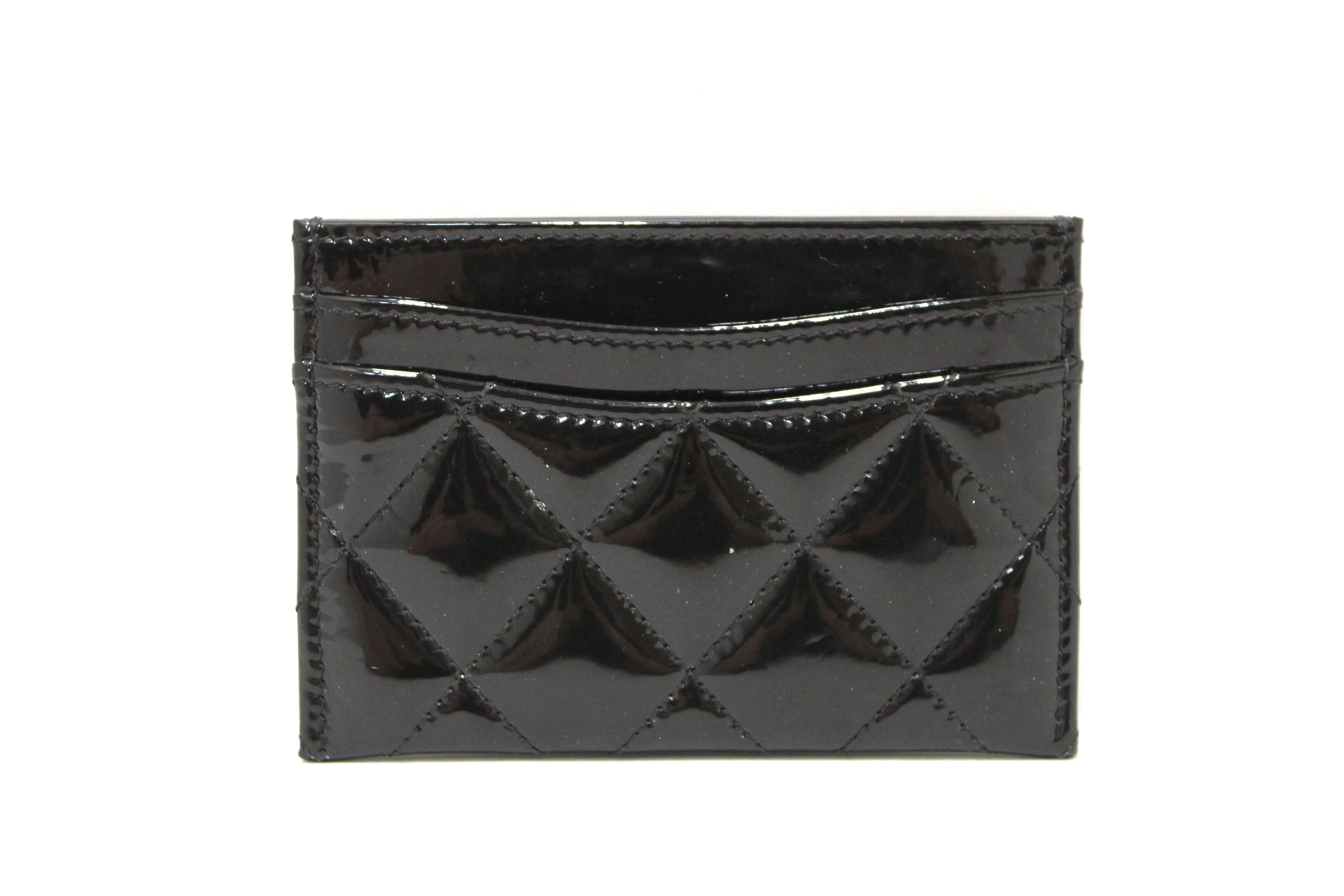 Authentic Chanel Black Quilted Patent Leather Leather Card Holder