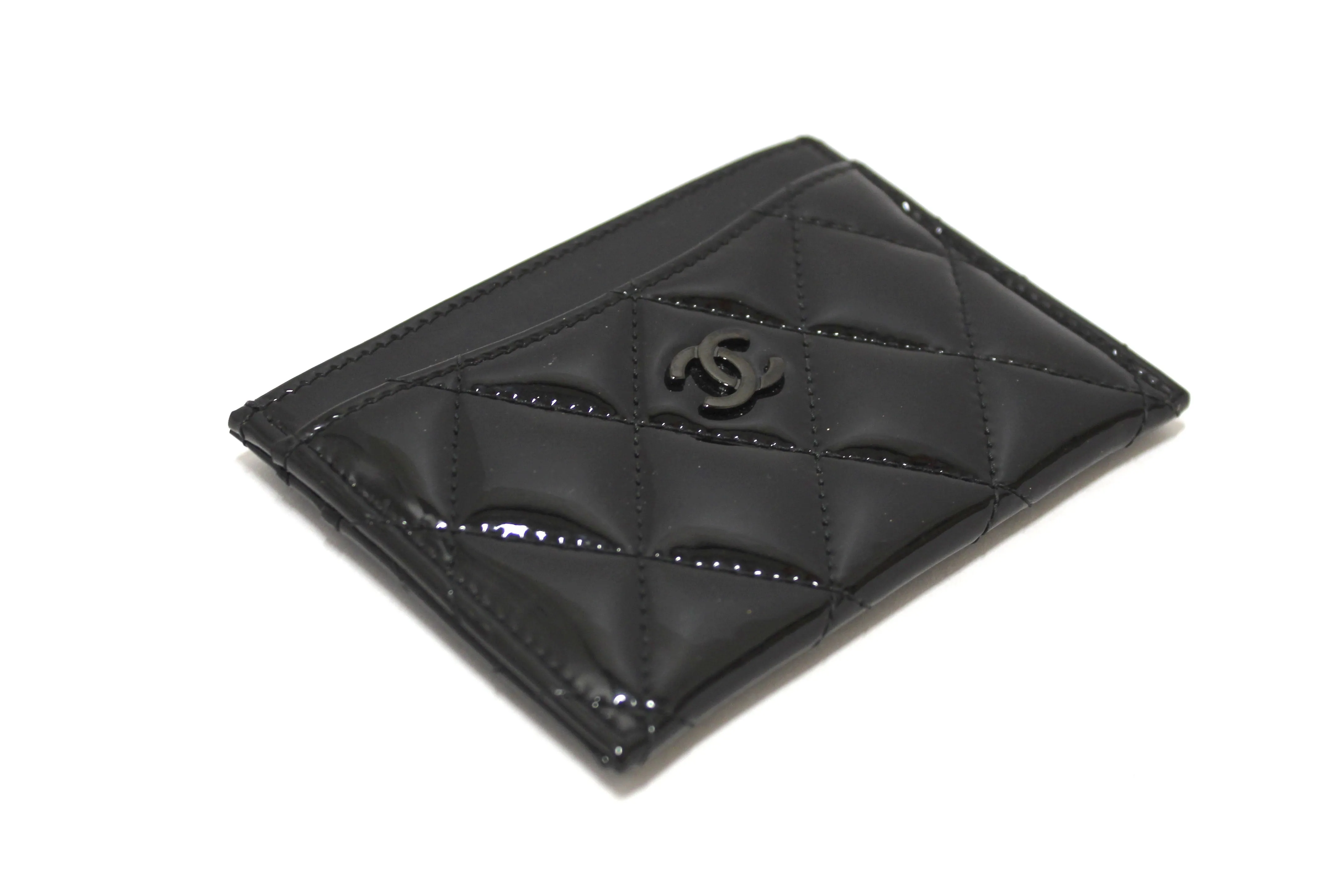 Authentic Chanel Black Quilted Patent Leather Leather Card Holder
