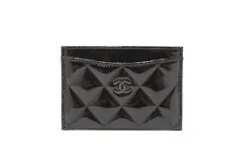 Authentic Chanel Black Quilted Patent Leather Leather Card Holder