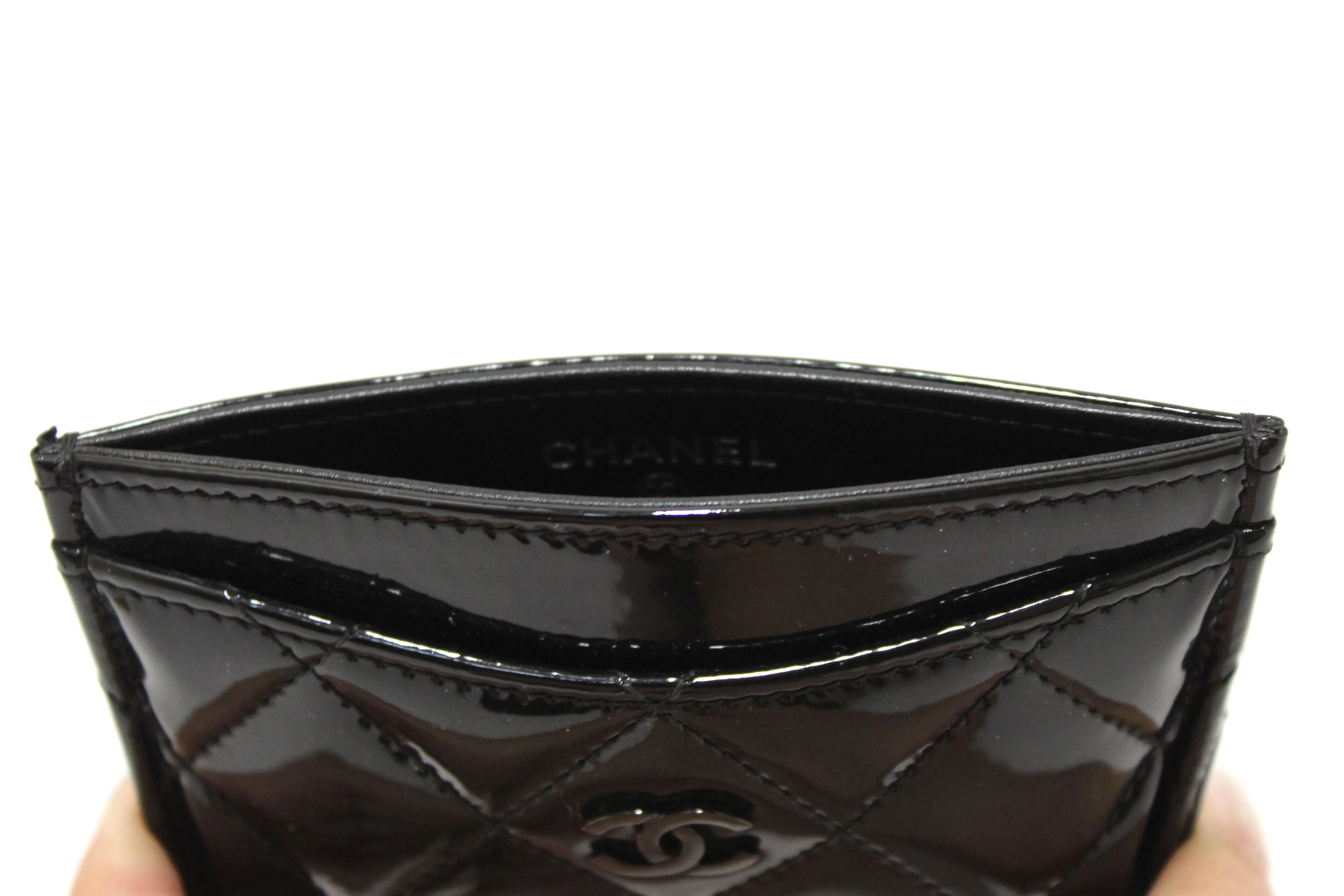 Authentic Chanel Black Quilted Patent Leather Leather Card Holder