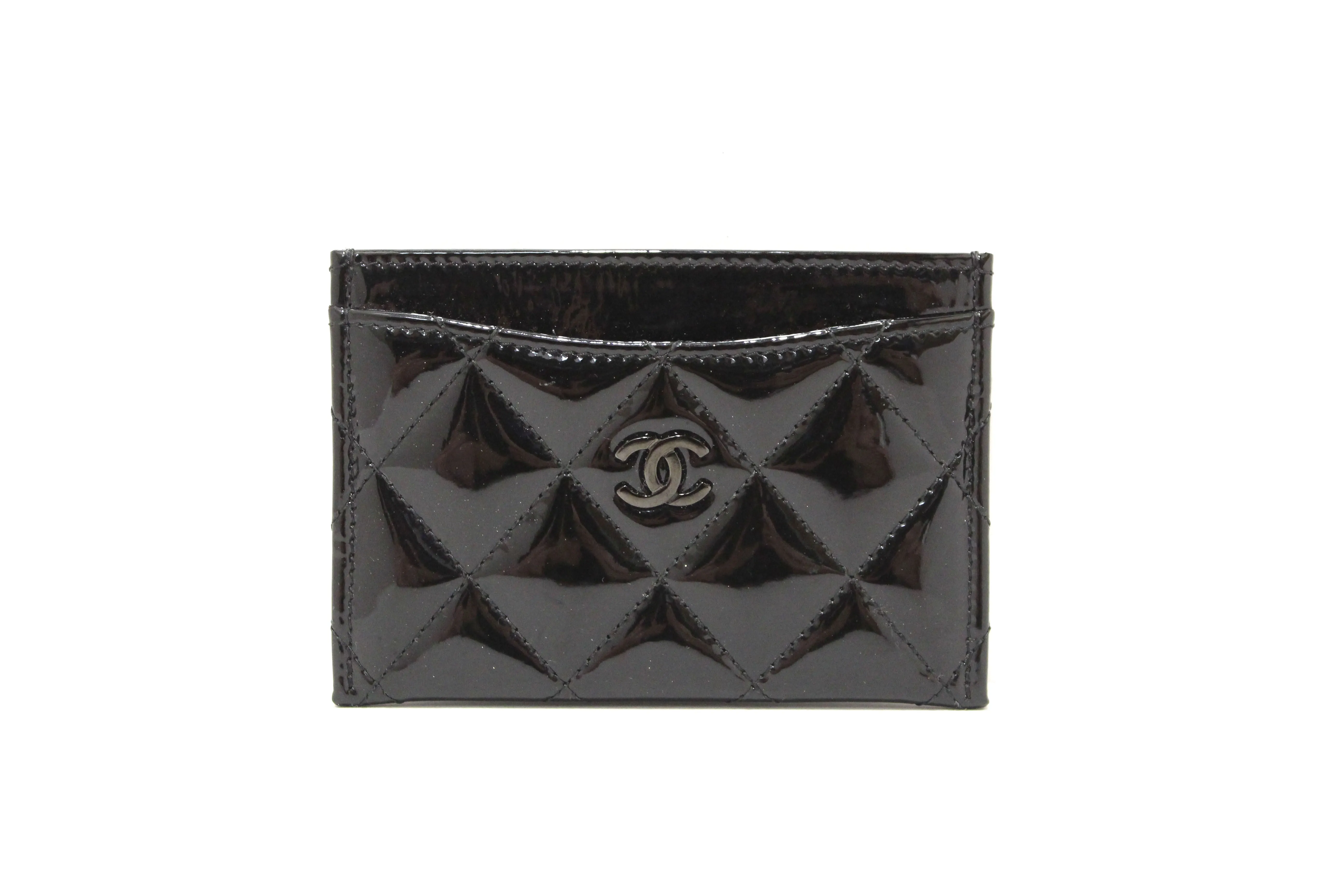 Authentic Chanel Black Quilted Patent Leather Leather Card Holder