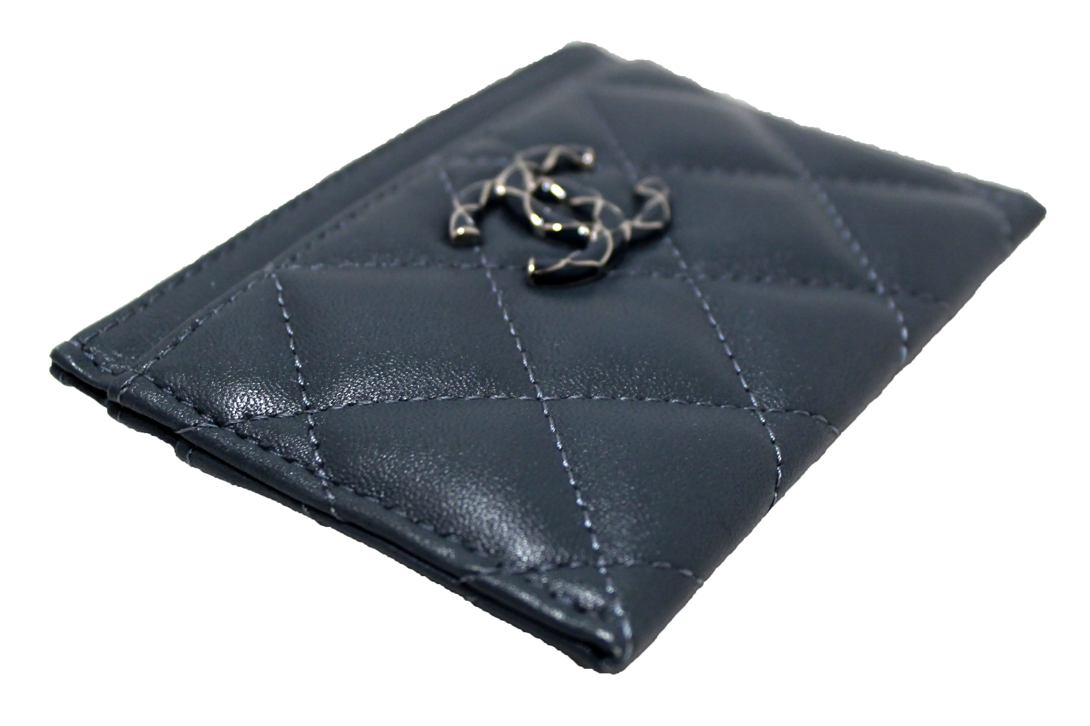 Authentic Chanel Blue Quilted Lambskin Leather Card Holder
