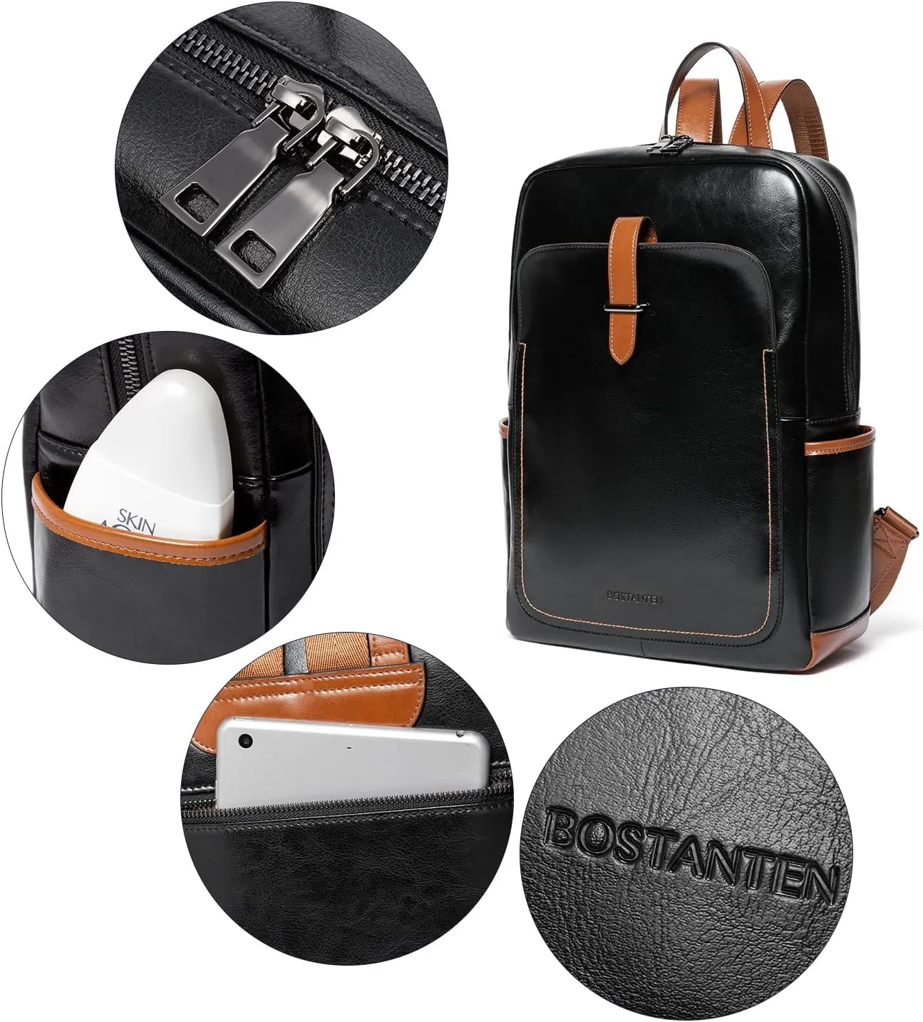 BOSTANTEN Leather Laptop Backpack for Women,15.6 inch Computer Backpack Purse College Daypack Work Travel Bag Black-brown