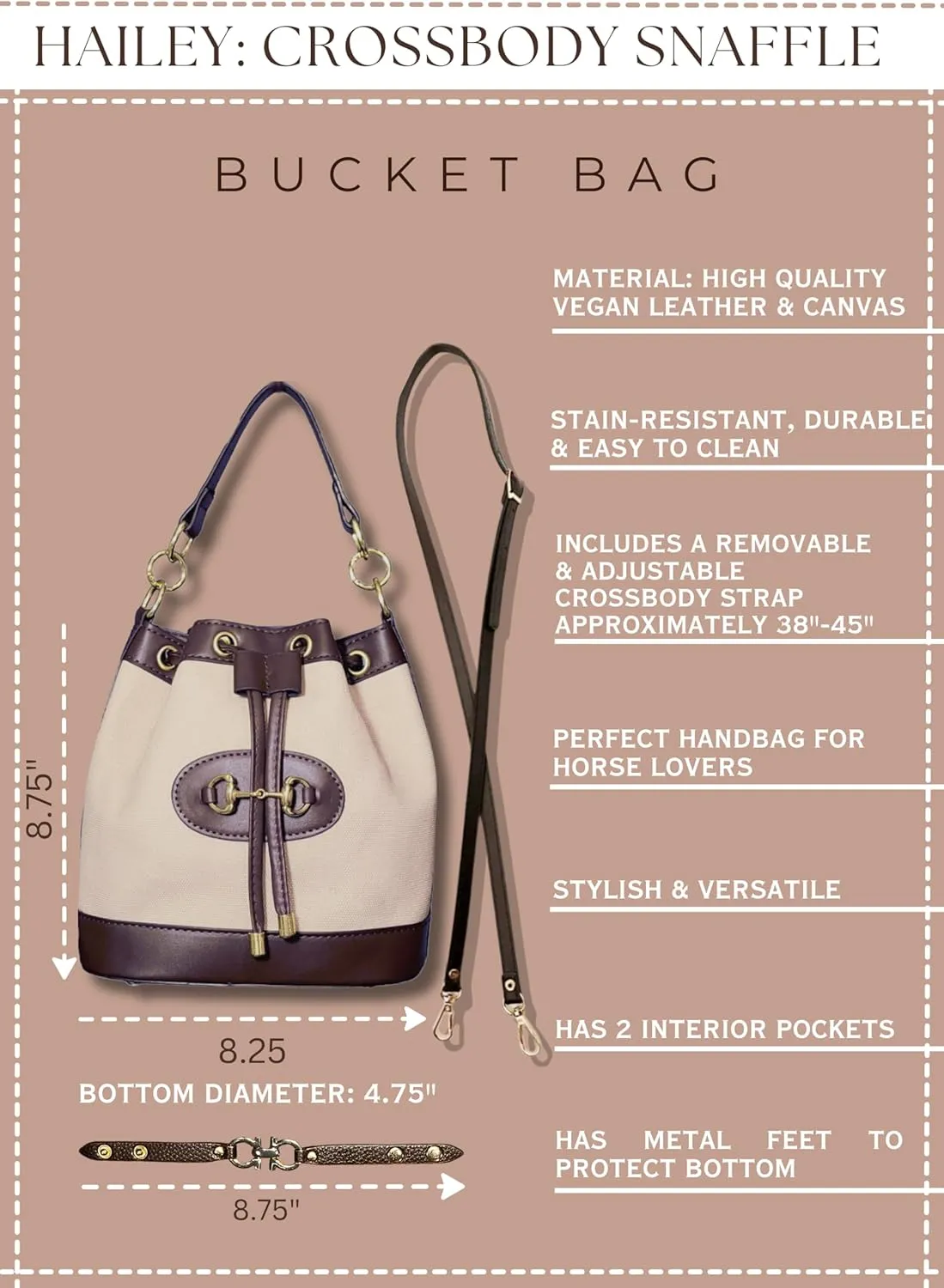 Classic Small Horsebit Bucket Bag & Bracelet Set  Light Brown Vegan Leather Horse Snaffle Crossbody Purse, Matching Bracelet, Preppy Western Accessories, Eco Canvas Sling Bag with 2 Straps