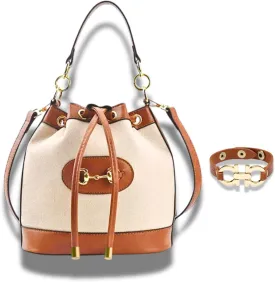 Classic Small Horsebit Bucket Bag & Bracelet Set  Light Brown Vegan Leather Horse Snaffle Crossbody Purse, Matching Bracelet, Preppy Western Accessories, Eco Canvas Sling Bag with 2 Straps