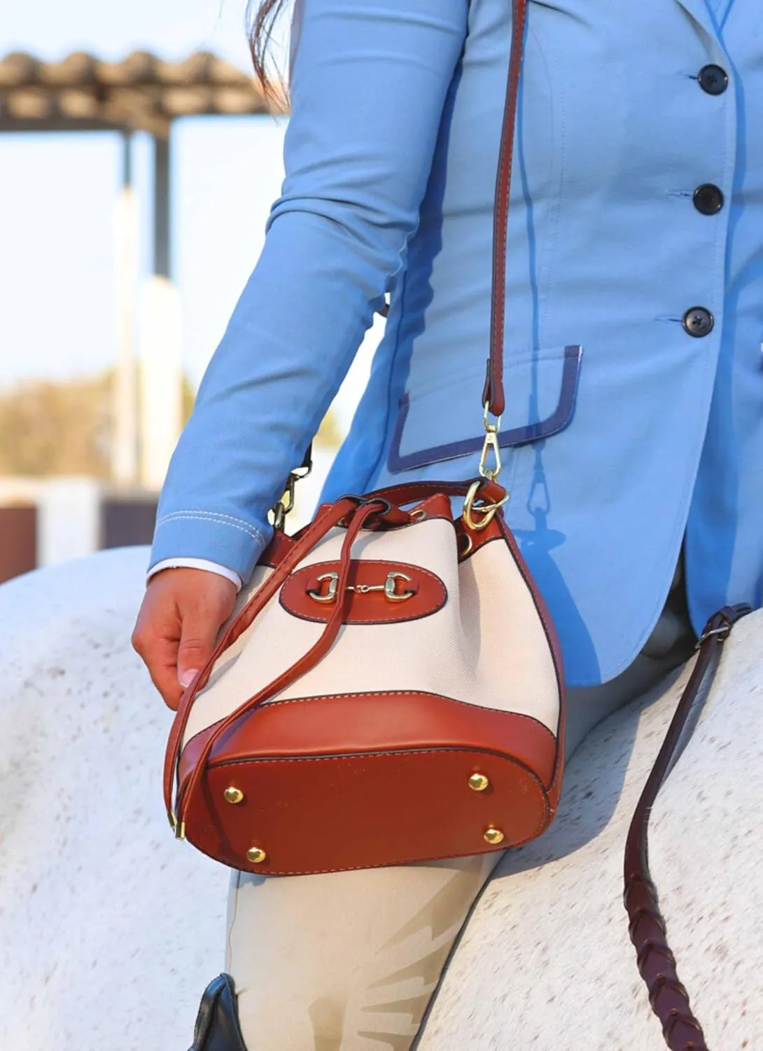 Classic Small Horsebit Bucket Bag & Bracelet Set  Light Brown Vegan Leather Horse Snaffle Crossbody Purse, Matching Bracelet, Preppy Western Accessories, Eco Canvas Sling Bag with 2 Straps