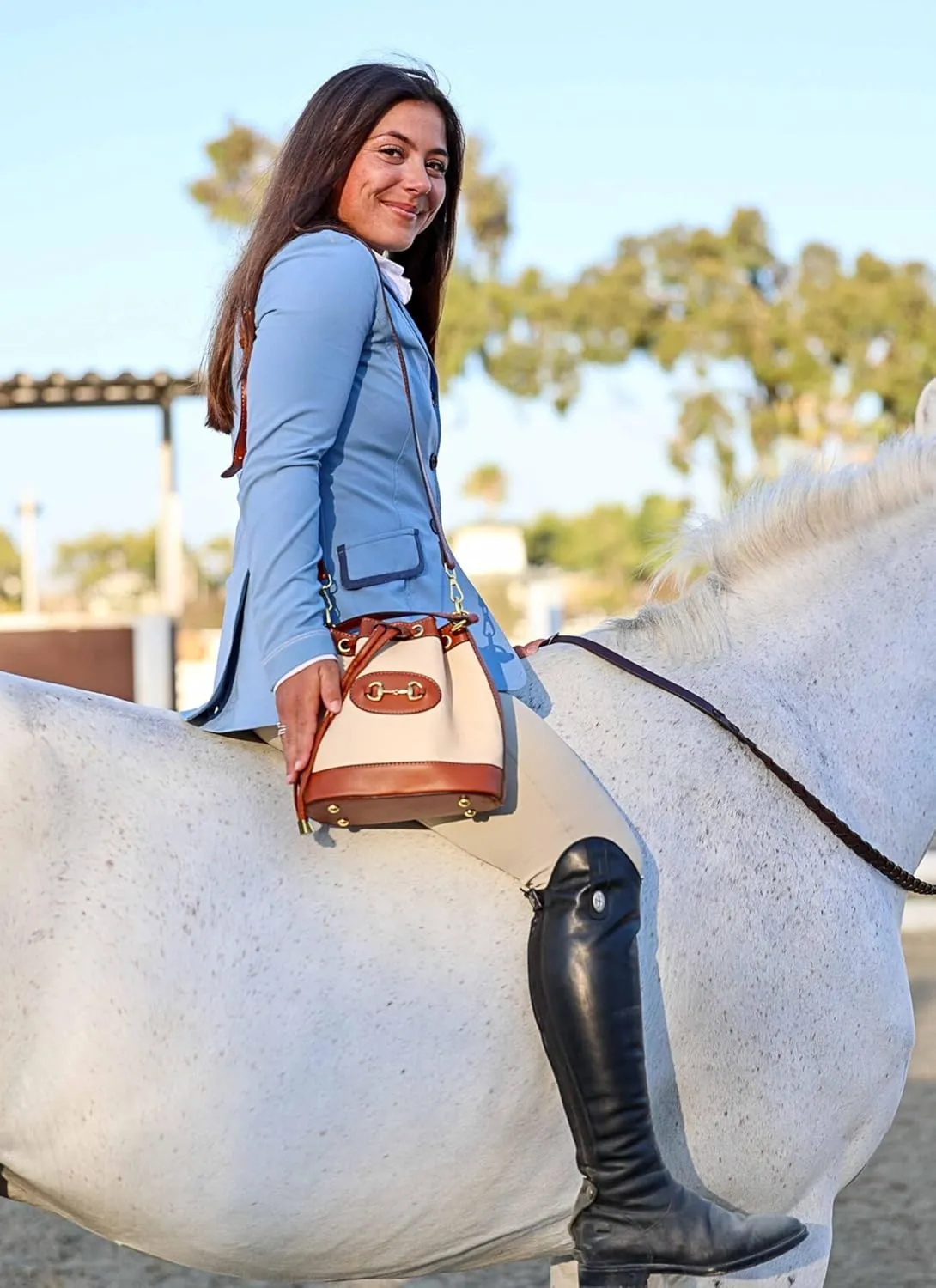 Classic Small Horsebit Bucket Bag & Bracelet Set  Light Brown Vegan Leather Horse Snaffle Crossbody Purse, Matching Bracelet, Preppy Western Accessories, Eco Canvas Sling Bag with 2 Straps