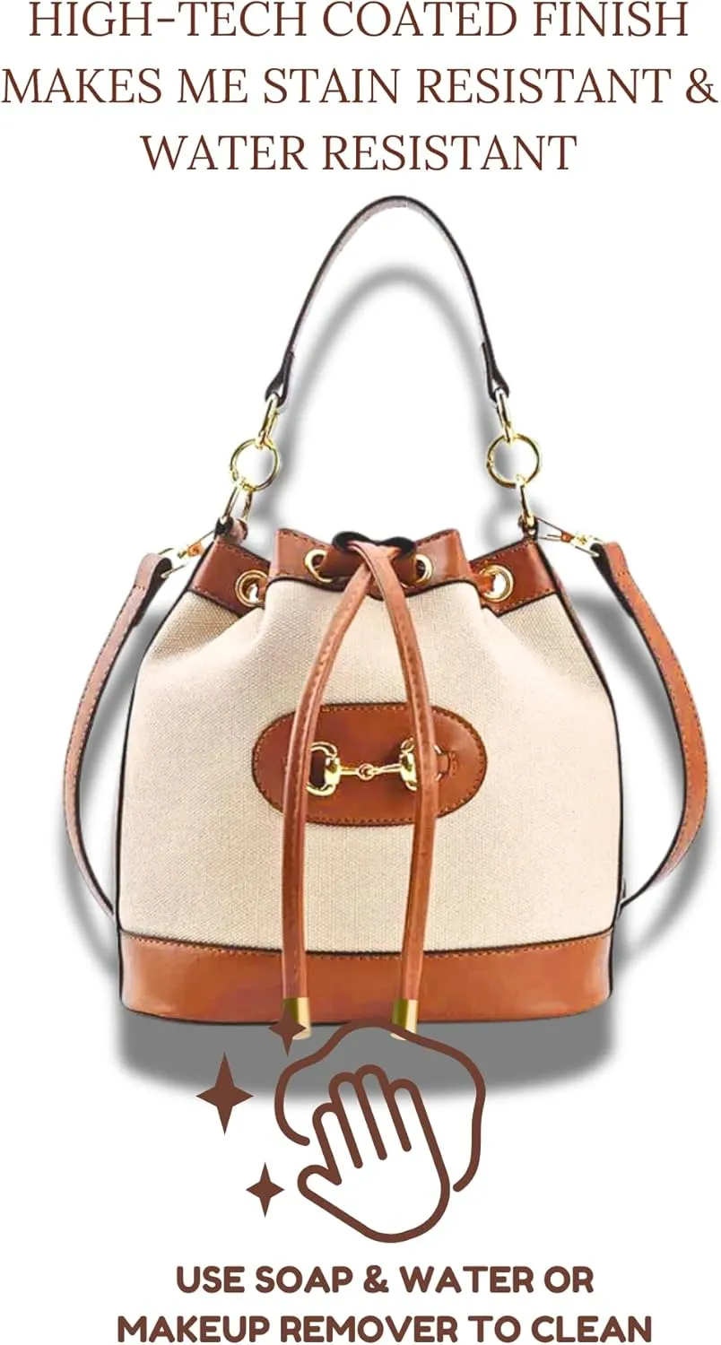 Classic Small Horsebit Bucket Bag & Bracelet Set  Light Brown Vegan Leather Horse Snaffle Crossbody Purse, Matching Bracelet, Preppy Western Accessories, Eco Canvas Sling Bag with 2 Straps