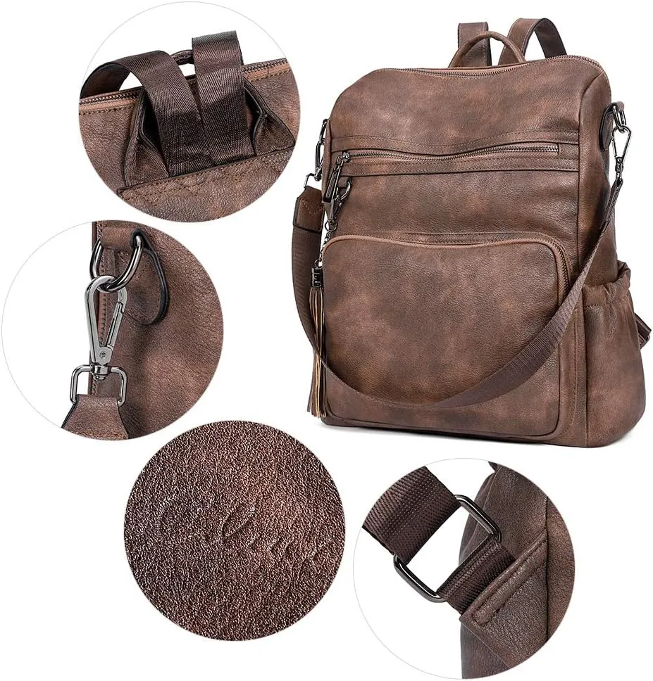 CLUCI Backpack Purse for Women Large Womens Leather Travel Backpack Work Fashion Ladies Casual Daypack with Tassel Two-tone coffee