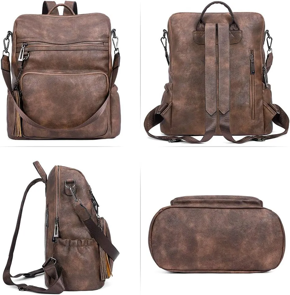 CLUCI Backpack Purse for Women Large Womens Leather Travel Backpack Work Fashion Ladies Casual Daypack with Tassel Two-tone coffee