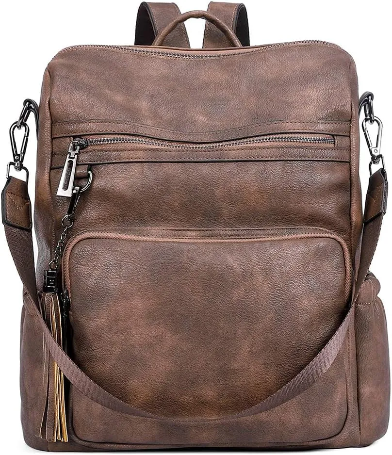 CLUCI Backpack Purse for Women Large Womens Leather Travel Backpack Work Fashion Ladies Casual Daypack with Tassel Two-tone coffee