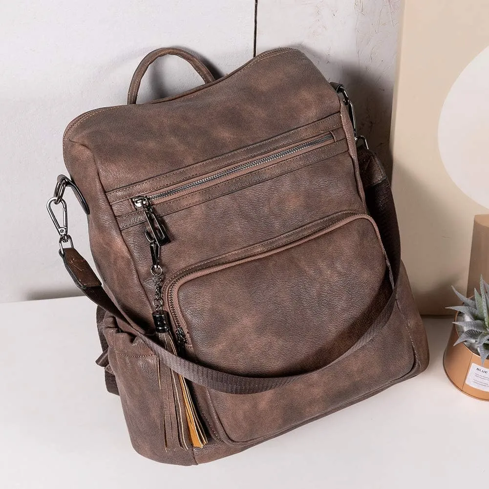 CLUCI Backpack Purse for Women Large Womens Leather Travel Backpack Work Fashion Ladies Casual Daypack with Tassel Two-tone coffee