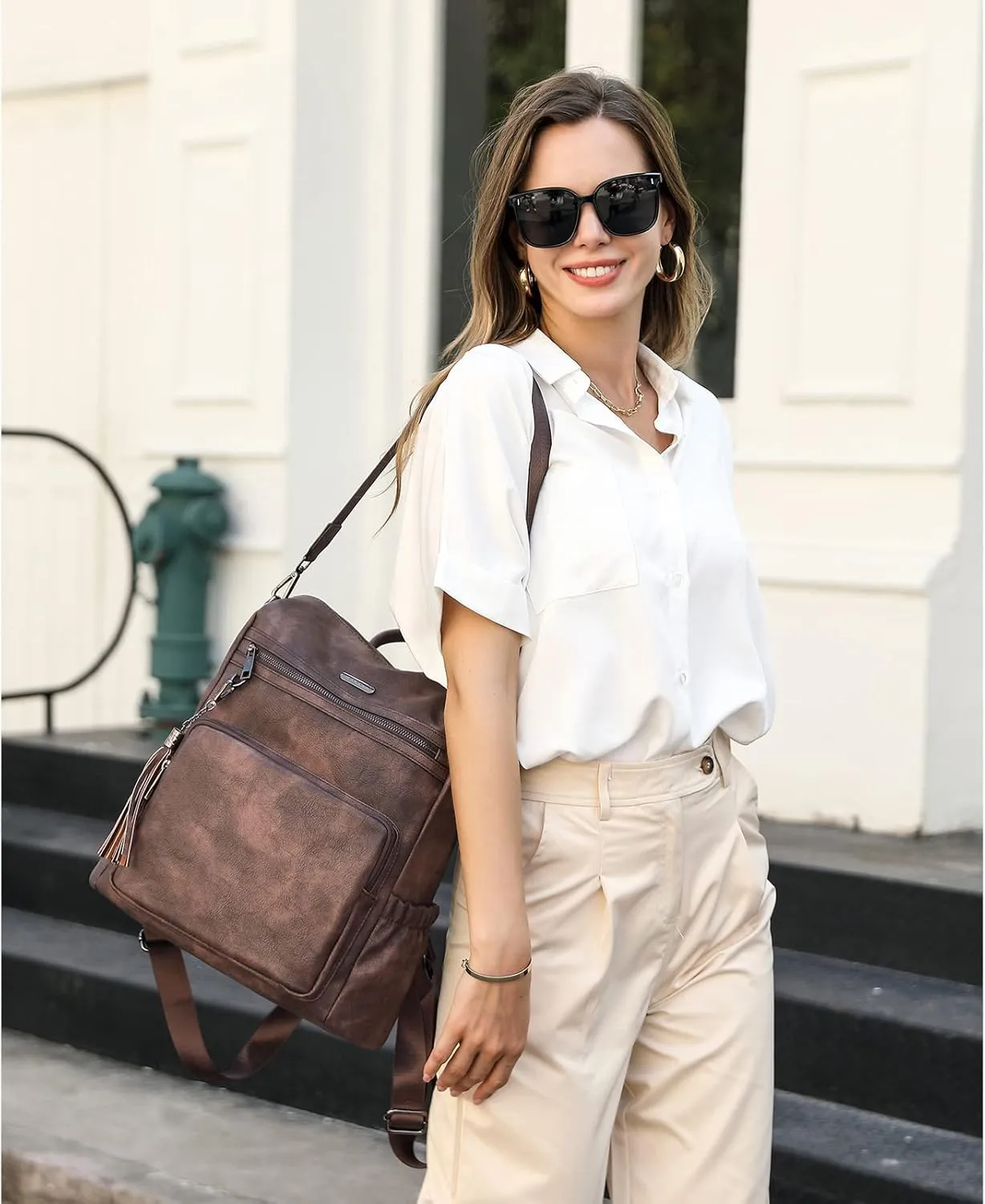 CLUCI Backpack Purse for Women Large Womens Leather Travel Backpack Work Fashion Ladies Casual Daypack with Tassel Two-tone coffee