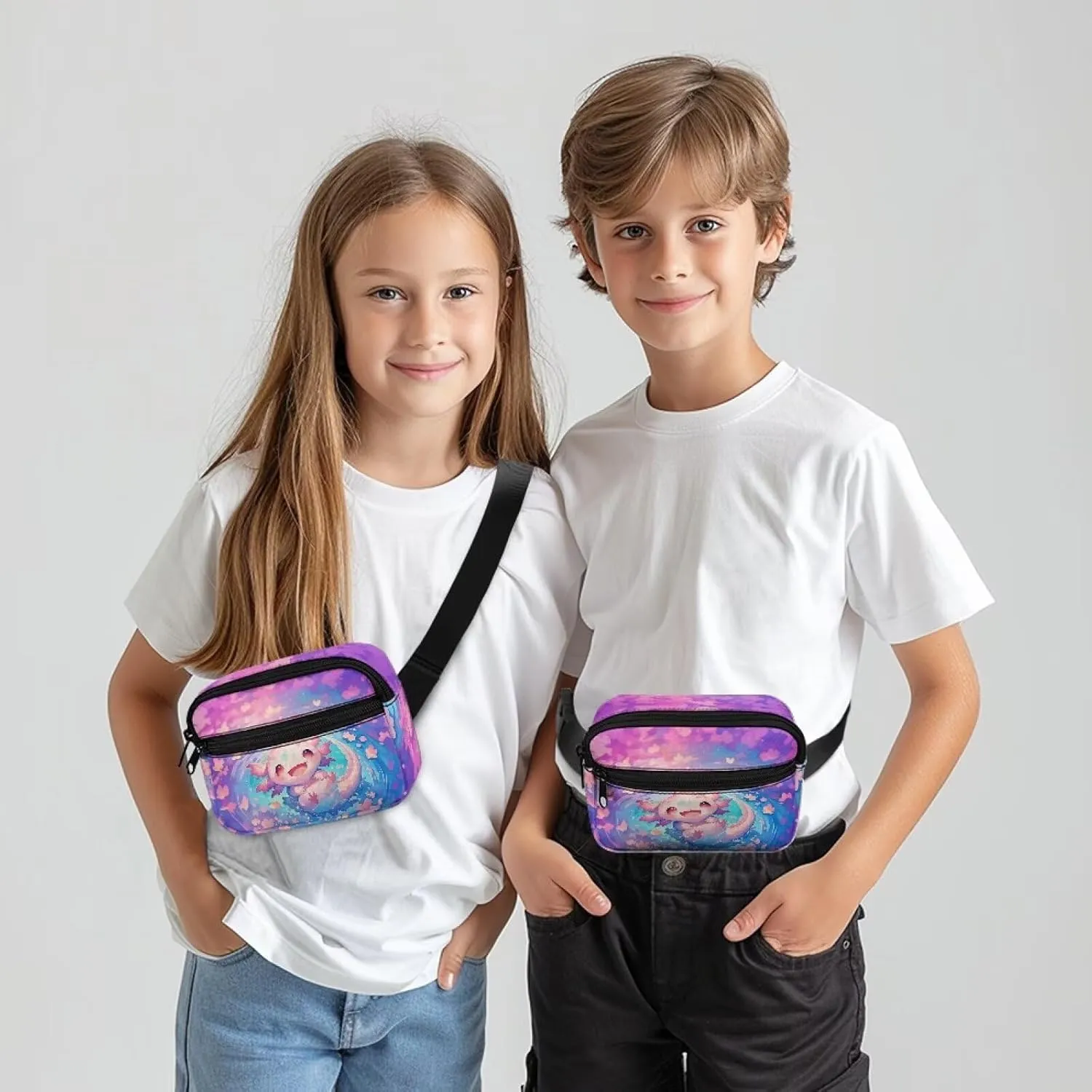 Cozeyat Cherry Blossoms Fanny Pack for Girls 6-8 8-10 10-12 Axolotl Girls Cross Body Purse Bum Bag Cute Cartoon Wasit Bag Travel Belt Bag for Outdoor Activity