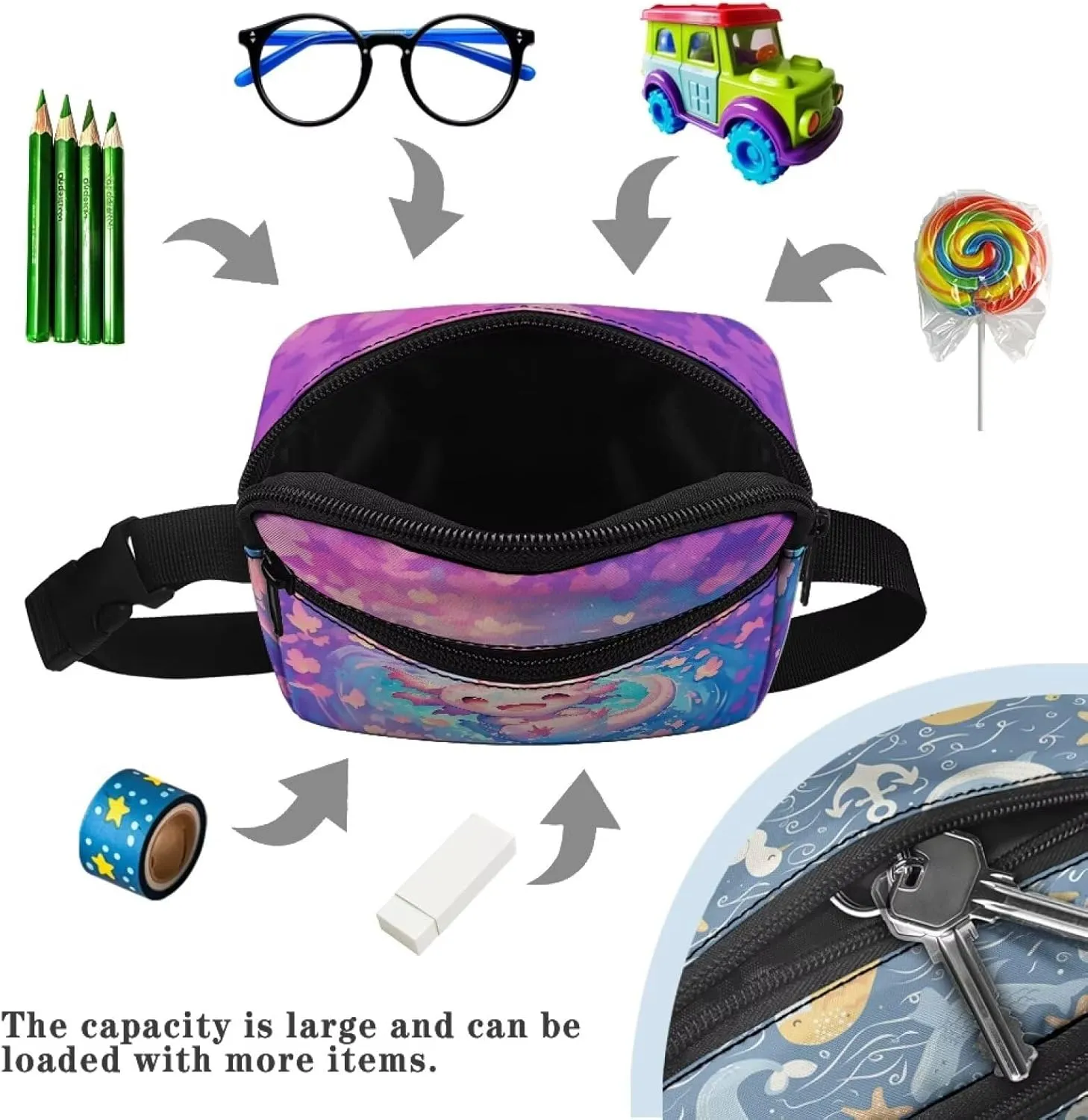 Cozeyat Cherry Blossoms Fanny Pack for Girls 6-8 8-10 10-12 Axolotl Girls Cross Body Purse Bum Bag Cute Cartoon Wasit Bag Travel Belt Bag for Outdoor Activity