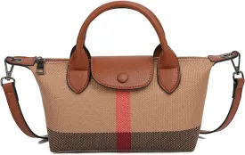 Deluxe Small Size Women's Check Tote Leather and Canvas Contrast Top Handle Mini Waist Bag Everyday Crossbody Bag