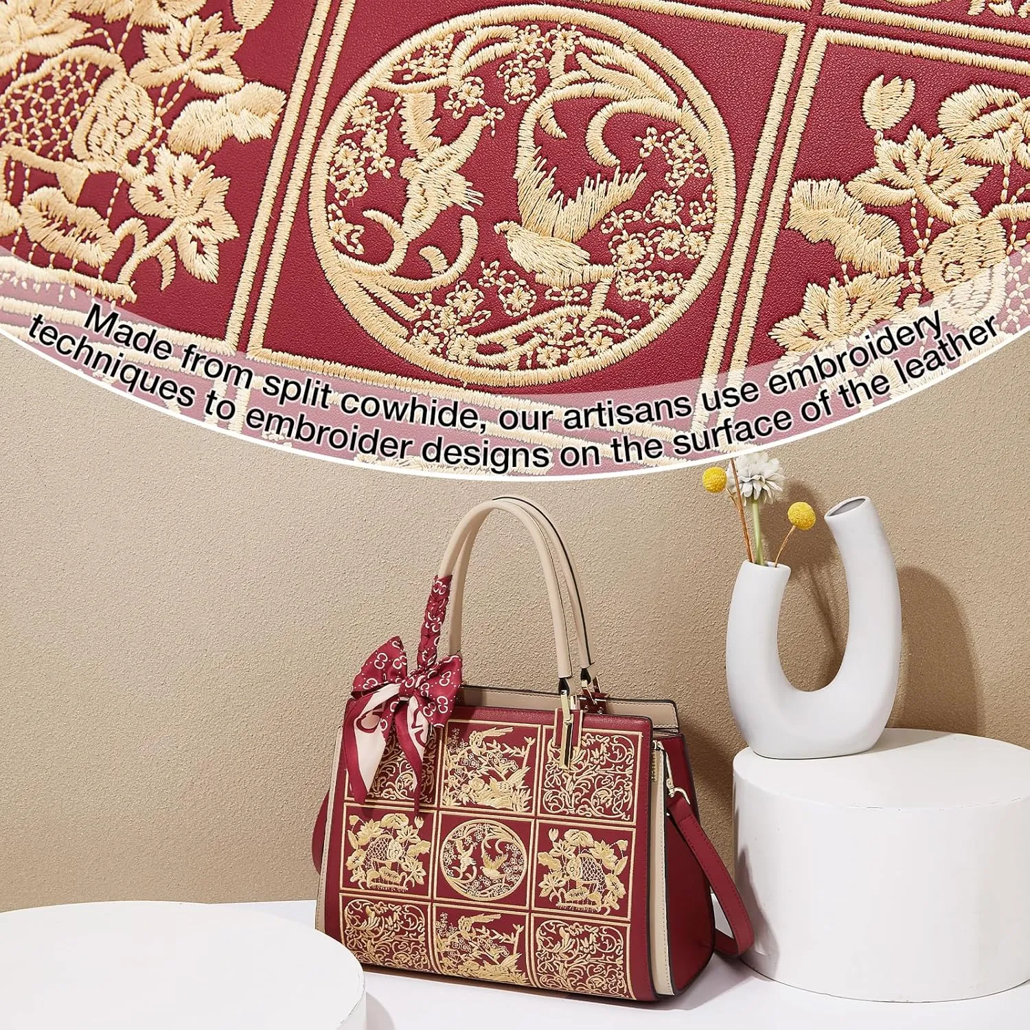 FOXLOVER Leather Satchel Handbags for Women Tote Shoulder Bag vintage Crossbody Bag Purse Top Handle bag with Embroidery