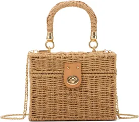 Handwoven Straw Basket Bag for Women Small Rattan Square Tote Wicker Straw Crossbody Bag