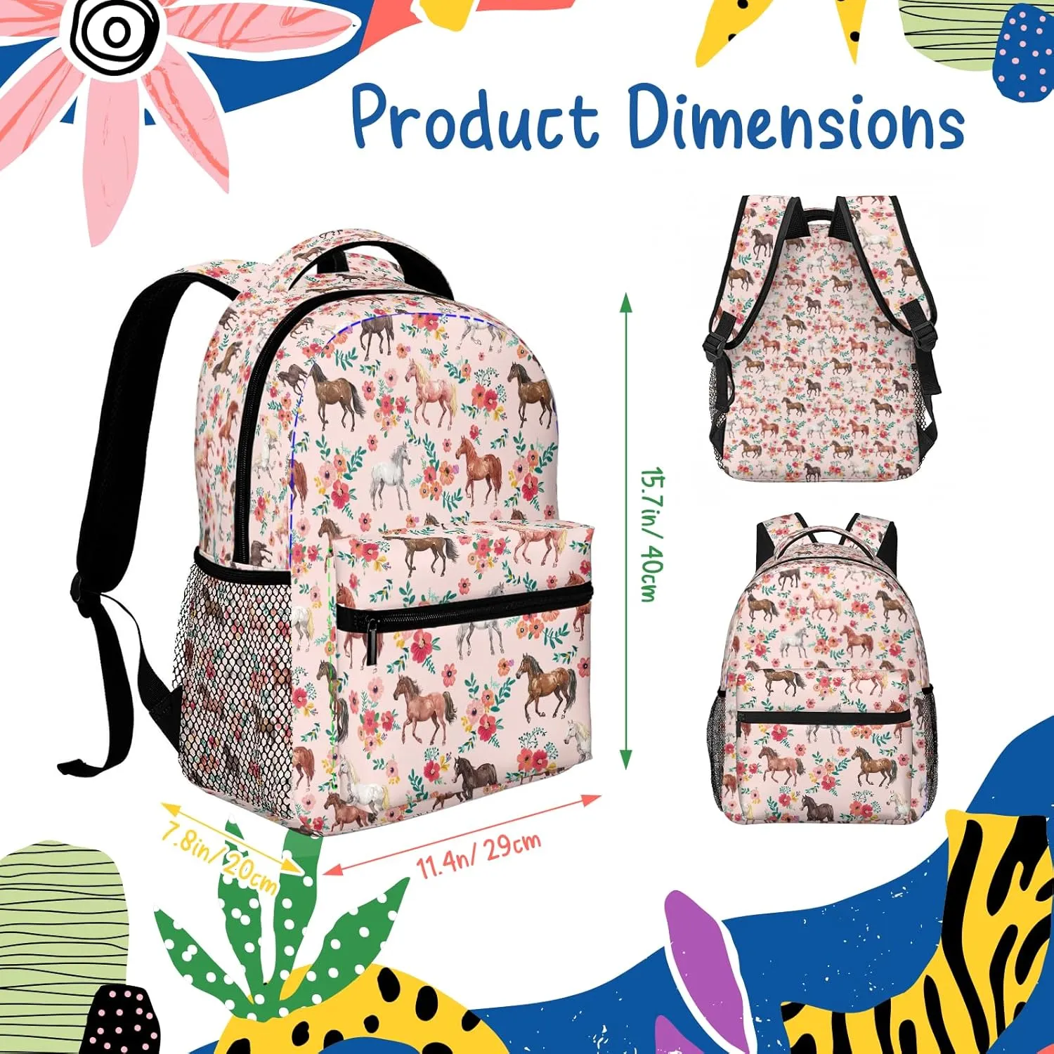 Horse Backpack for Boys Girls Bookbags Lightweight Adjustable Elementary Middle High School Bags for Kids Children Teenagers Travel Daypack Laptop Hiking Backpacks