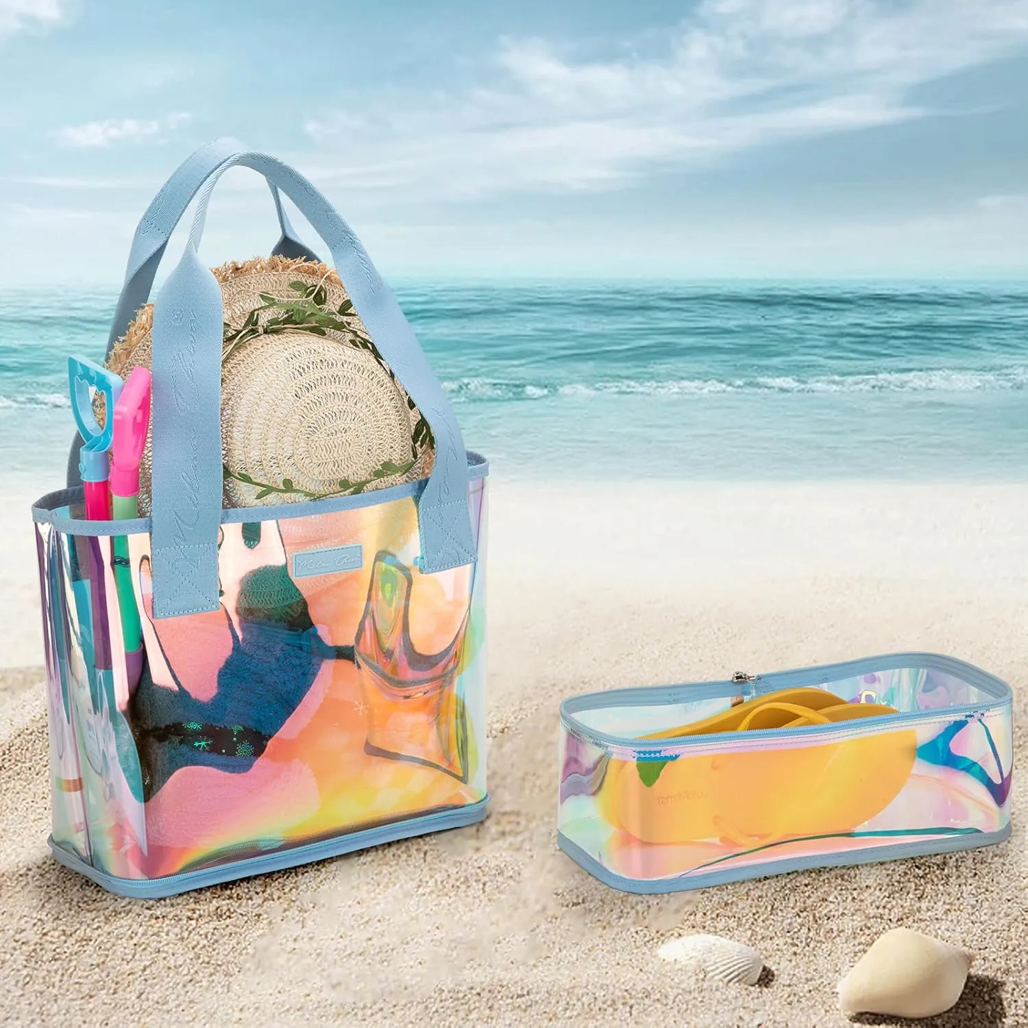 Milan Chiva Large Beach Tote Bag for Women Waterproof Sandproof Iridescent Clear Tote