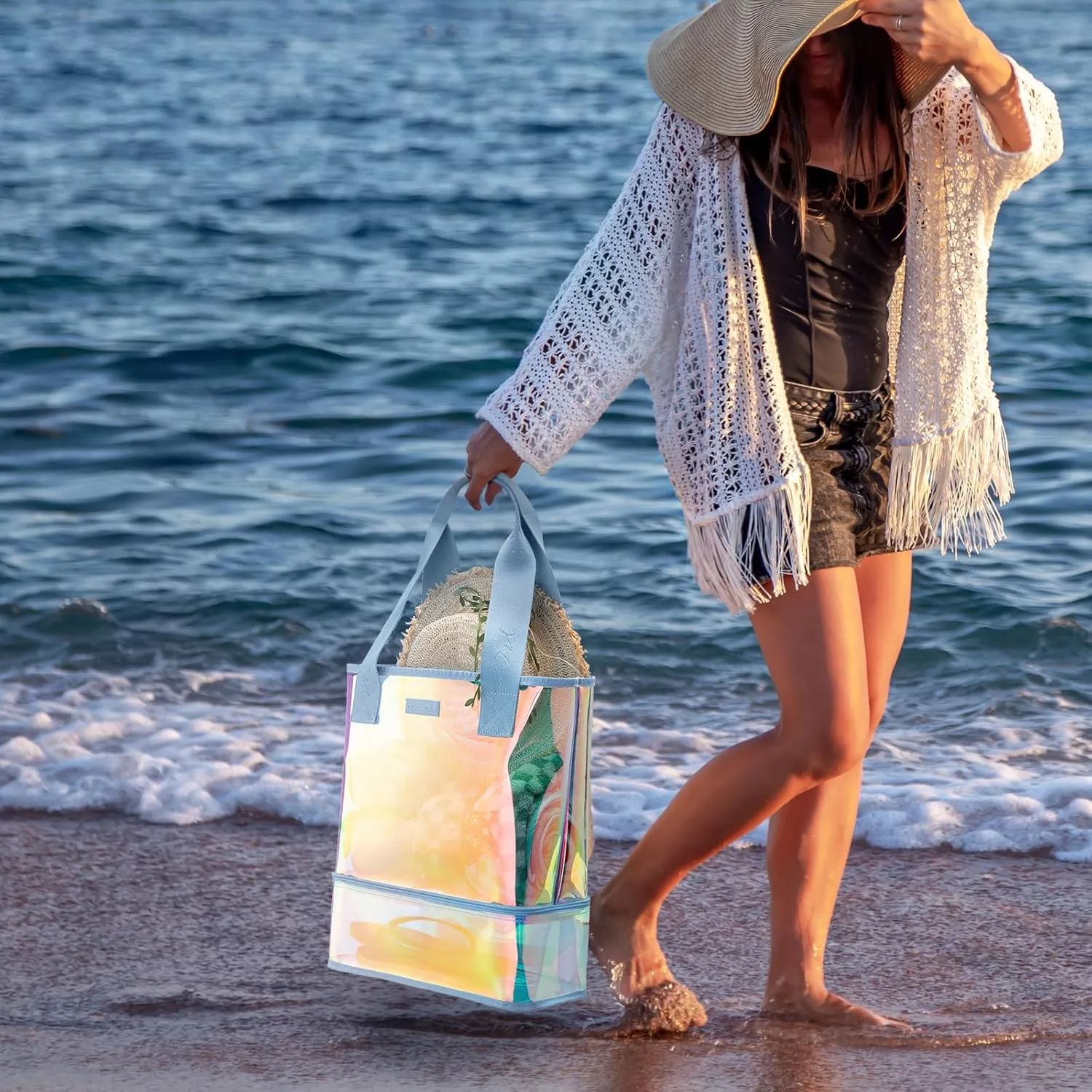 Milan Chiva Large Beach Tote Bag for Women Waterproof Sandproof Iridescent Clear Tote