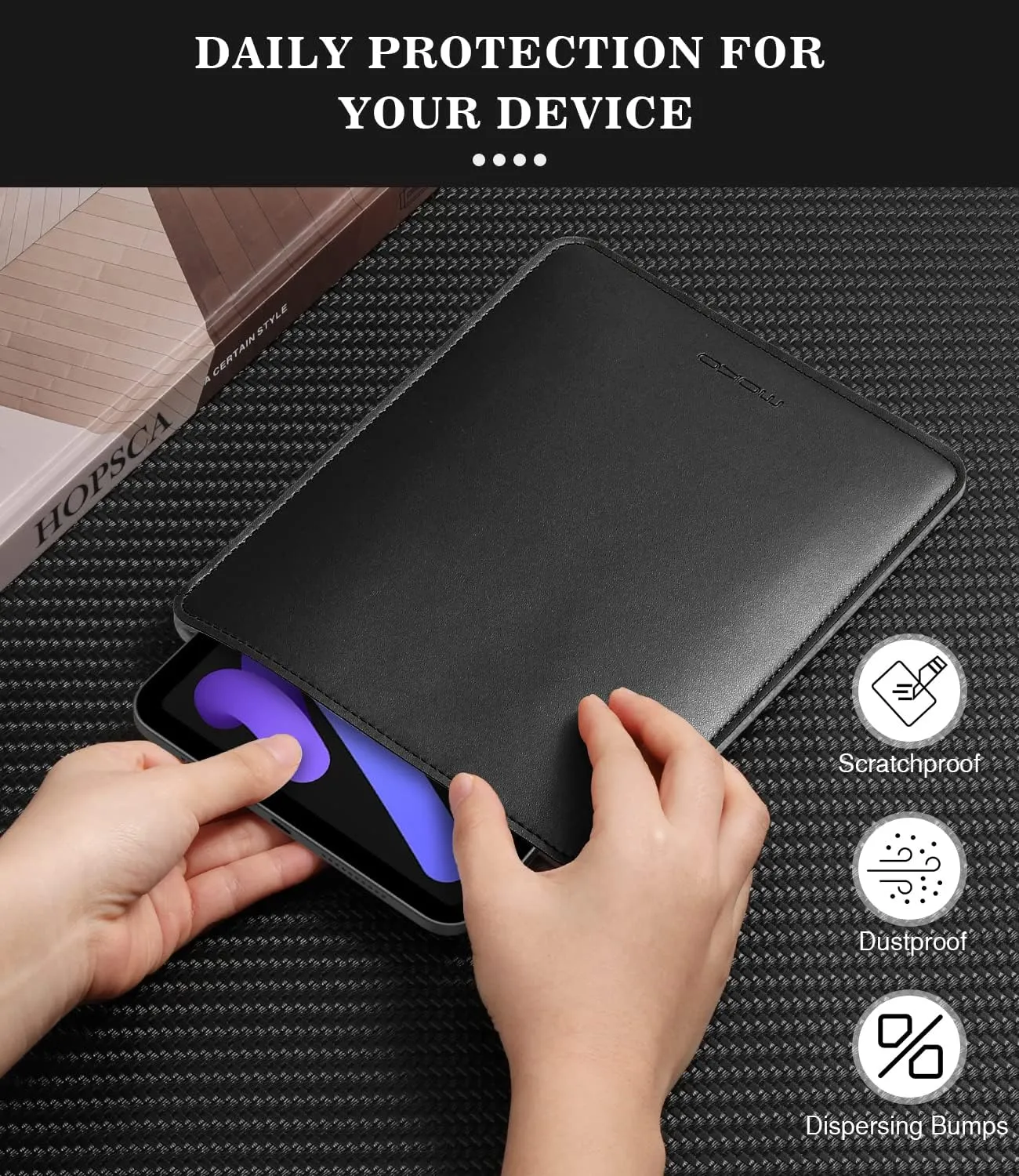 MoKo 7-8 Inch Tablet Sleeve, PU Leather Briefcase Slim Stylish Case Pouch Fit with New iPad Mini (A17 Pro) 8.3" 2024, iPad Mini 6/5/4/3/2/1, Galaxy Tab S2 8.0, Tab A 8.0, ZenPad Z8s 7.9, Black