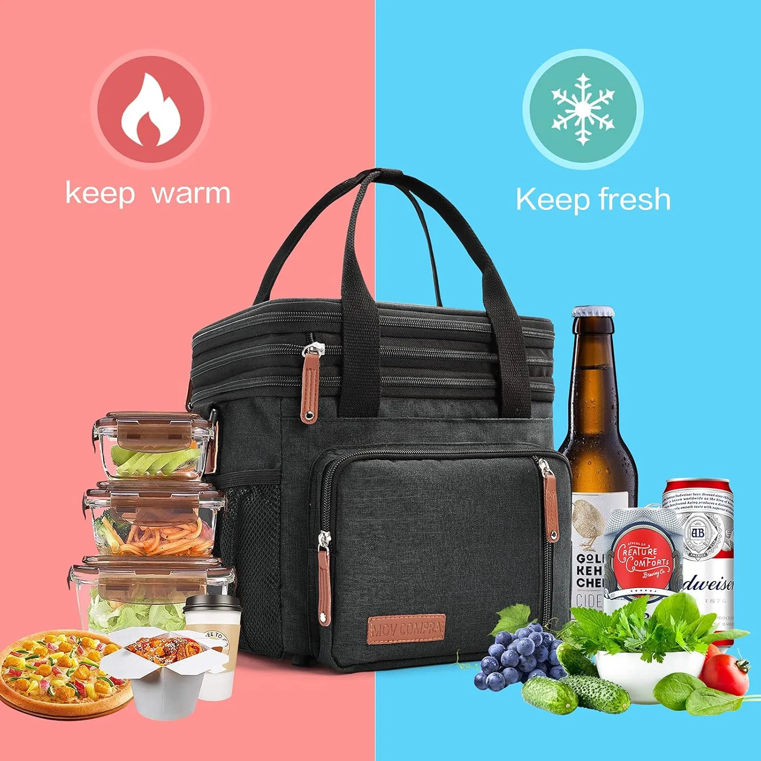 MOV COMPRA Lunch Bags for Men Women, Black Adult Lunch Box for Work, Expandable Leakproof Double Deck Lunch Box Cooler Tote Bag with Removable Shoulder StrapBlack