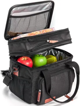 MOV COMPRA Lunch Bags for Men Women, Black Adult Lunch Box for Work, Expandable Leakproof Double Deck Lunch Box Cooler Tote Bag with Removable Shoulder StrapBlack