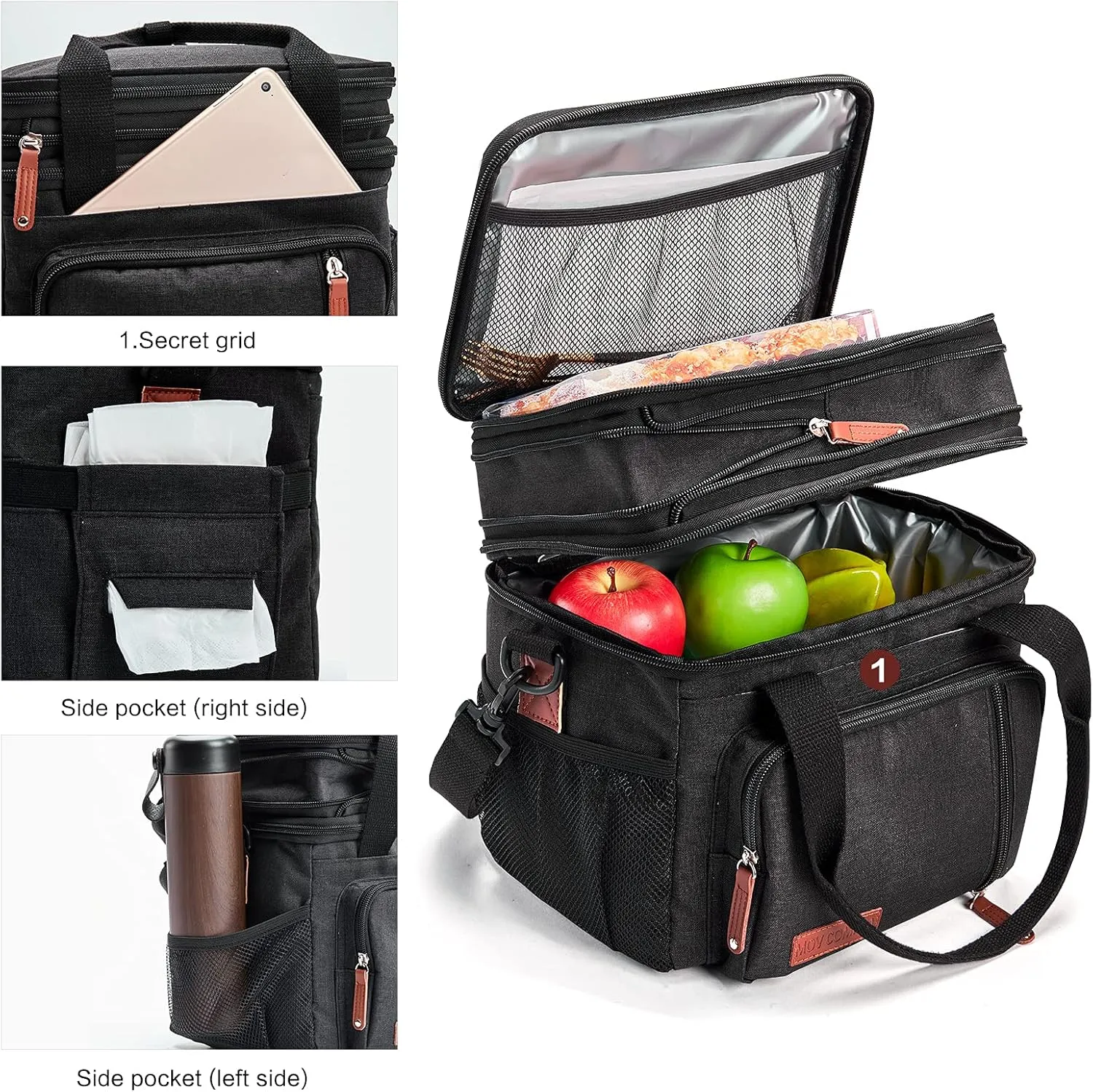 MOV COMPRA Lunch Bags for Men Women, Black Adult Lunch Box for Work, Expandable Leakproof Double Deck Lunch Box Cooler Tote Bag with Removable Shoulder StrapBlack