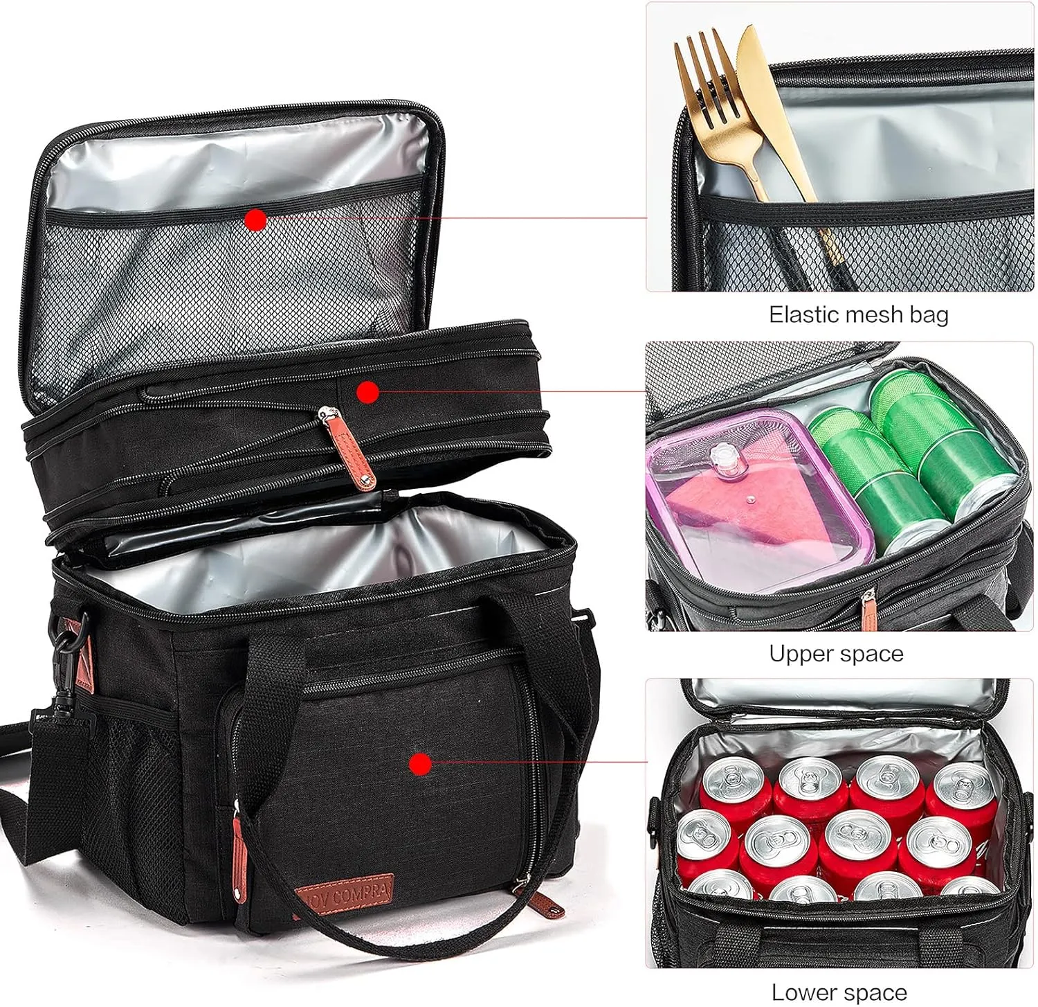MOV COMPRA Lunch Bags for Men Women, Black Adult Lunch Box for Work, Expandable Leakproof Double Deck Lunch Box Cooler Tote Bag with Removable Shoulder StrapBlack