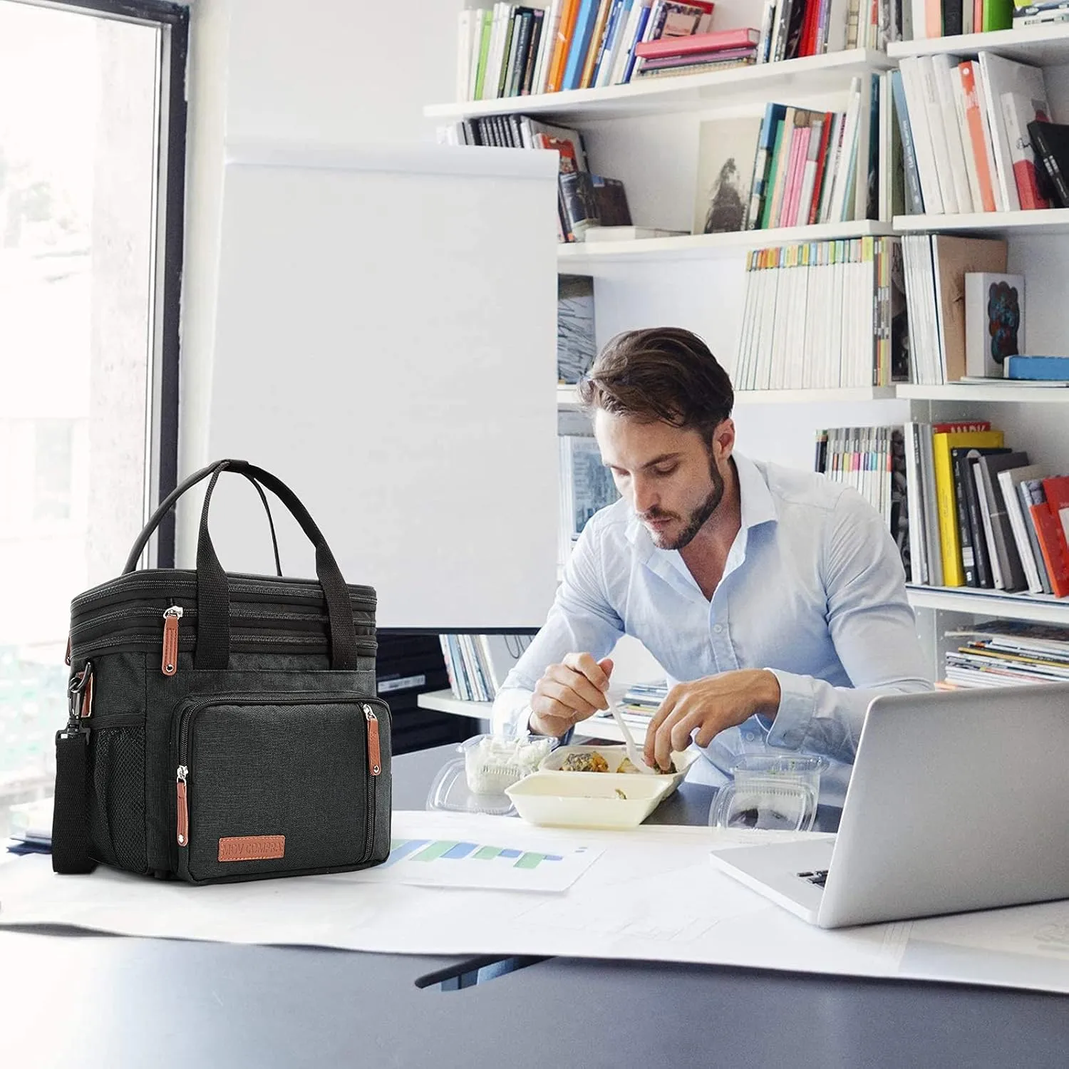 MOV COMPRA Lunch Bags for Men Women, Black Adult Lunch Box for Work, Expandable Leakproof Double Deck Lunch Box Cooler Tote Bag with Removable Shoulder StrapBlack