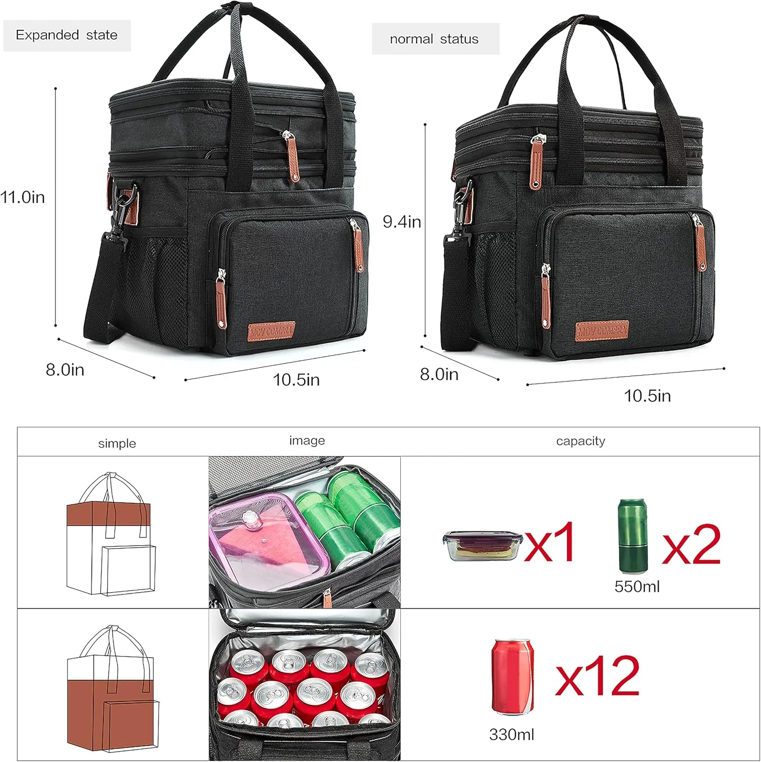 MOV COMPRA Lunch Bags for Men Women, Black Adult Lunch Box for Work, Expandable Leakproof Double Deck Lunch Box Cooler Tote Bag with Removable Shoulder StrapBlack