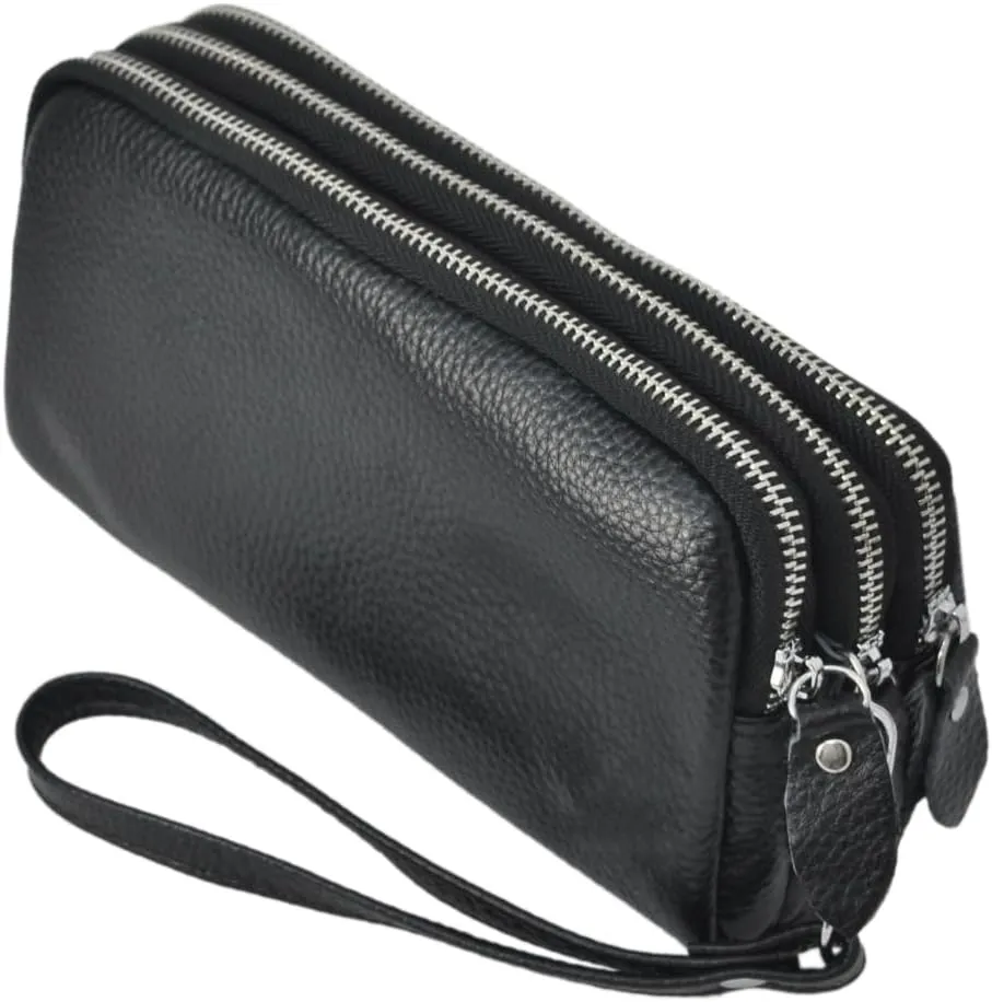 NGIL Genuine Leather RFID Three Zippered Wristlet Handbag for Women, Large Capacity Clutch Purse, Card Case & Money Organizer