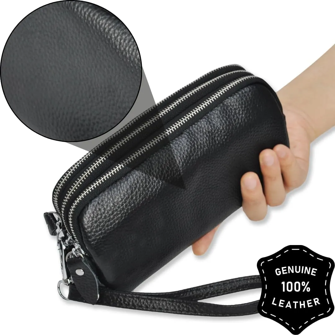 NGIL Genuine Leather RFID Three Zippered Wristlet Handbag for Women, Large Capacity Clutch Purse, Card Case & Money Organizer