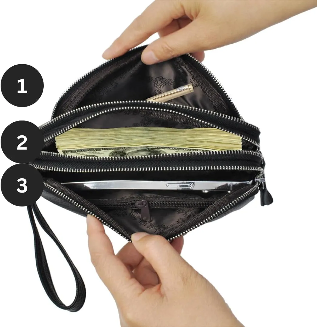 NGIL Genuine Leather RFID Three Zippered Wristlet Handbag for Women, Large Capacity Clutch Purse, Card Case & Money Organizer