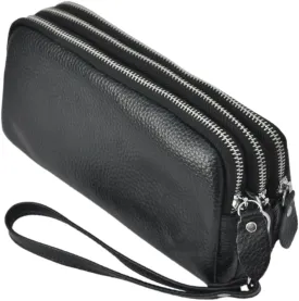 NGIL Genuine Leather RFID Three Zippered Wristlet Handbag for Women, Large Capacity Clutch Purse, Card Case & Money Organizer