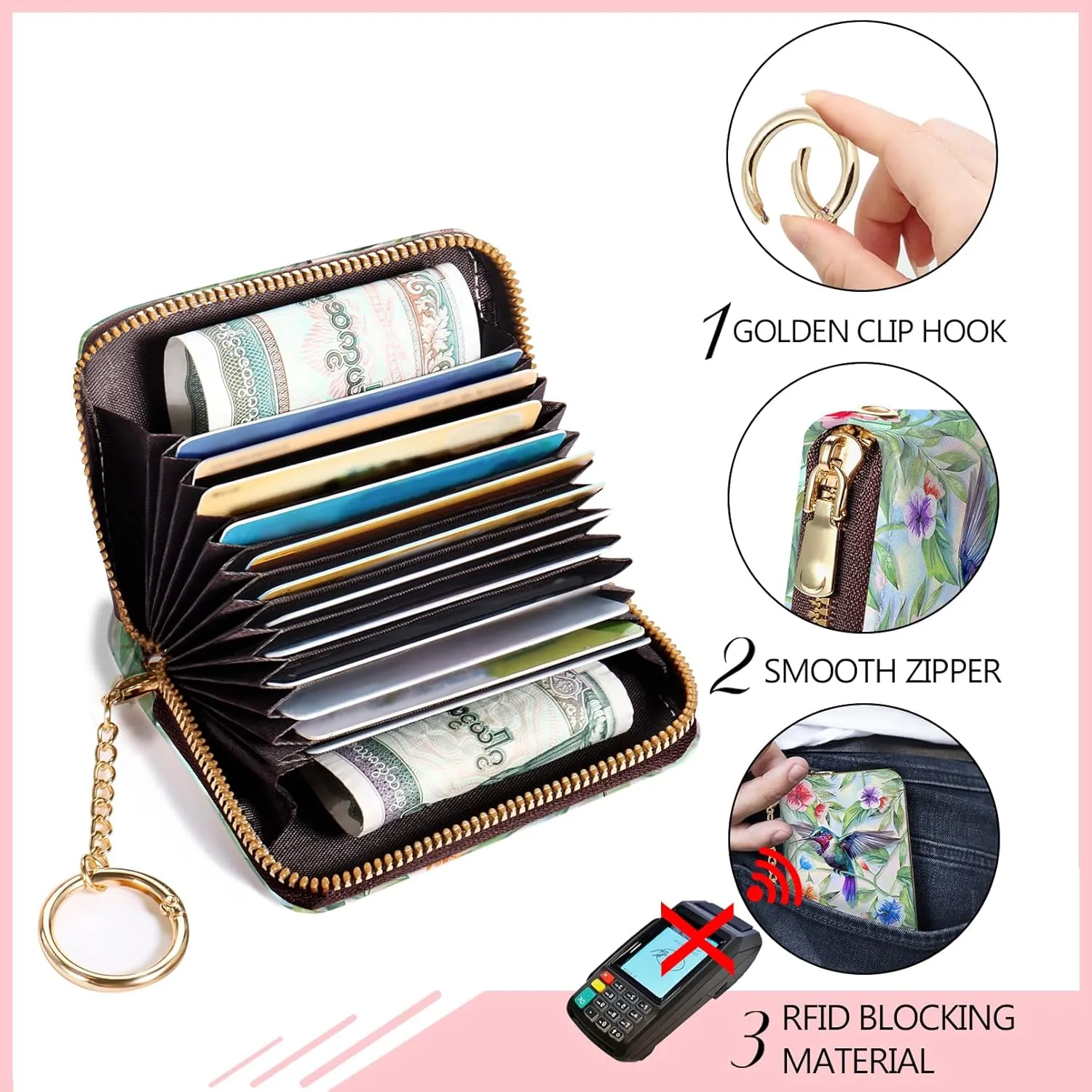 RFID Wallet, Credit Card Holder for Women, Bird Small Wallet with Card Slots Zipper, Leather RFID Card Holder, Card Keychain Wallet, Card Case RFID Blocking Accordion Gift