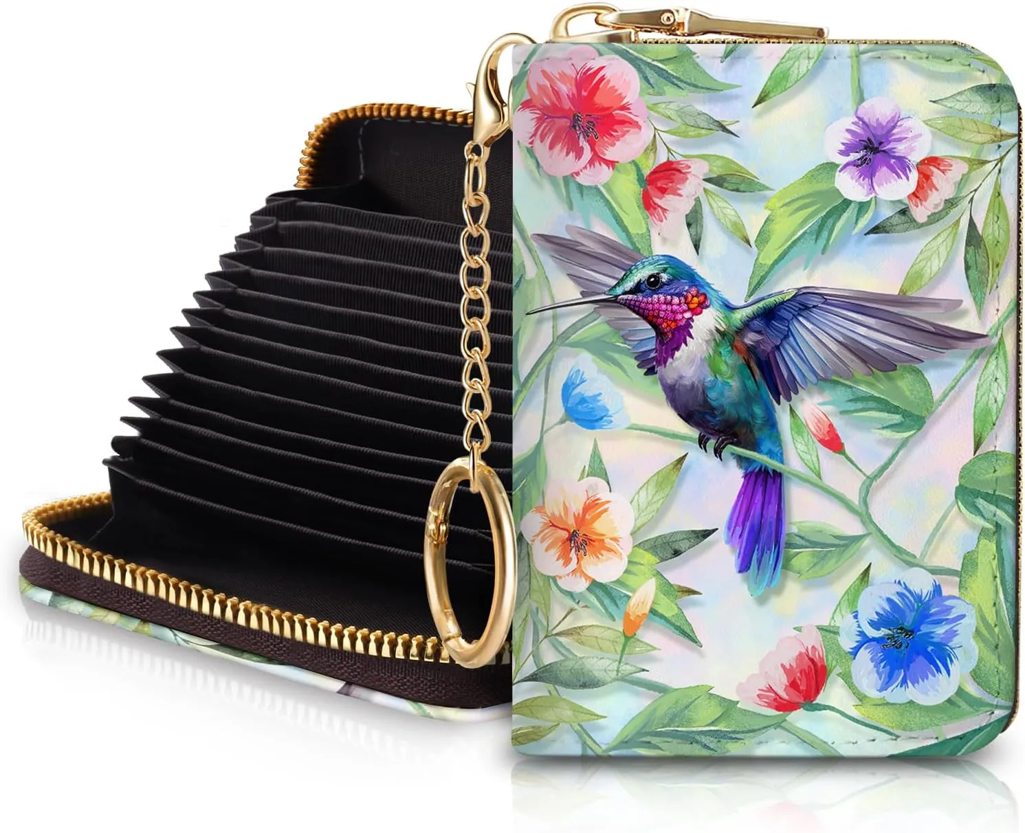 RFID Wallet, Credit Card Holder for Women, Bird Small Wallet with Card Slots Zipper, Leather RFID Card Holder, Card Keychain Wallet, Card Case RFID Blocking Accordion Gift