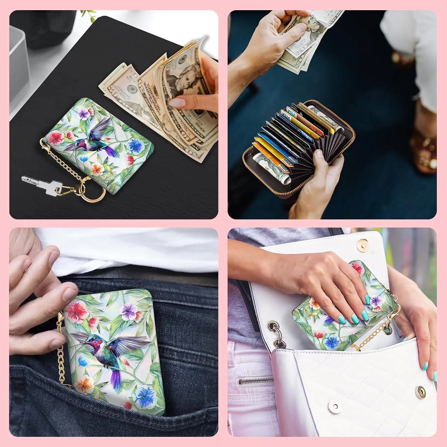 RFID Wallet, Credit Card Holder for Women, Bird Small Wallet with Card Slots Zipper, Leather RFID Card Holder, Card Keychain Wallet, Card Case RFID Blocking Accordion Gift