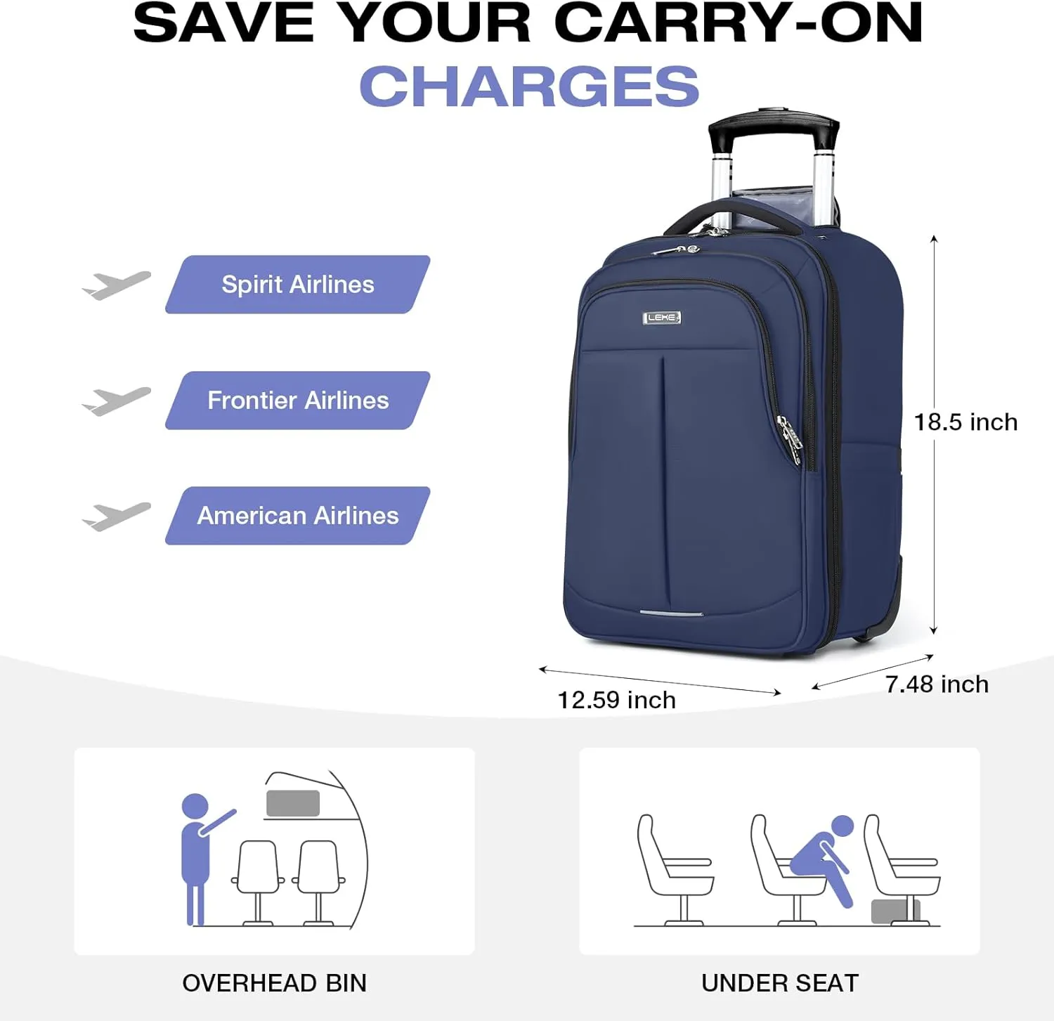 Rolling Backpack for Adults,17 Inch Waterproof Carry-on Backpack with Wheels, Wheeled Backpack Carry-on Luggage, Travel Backpack for Men Women Trolley Laptop Backpack Navy Blue Medium
