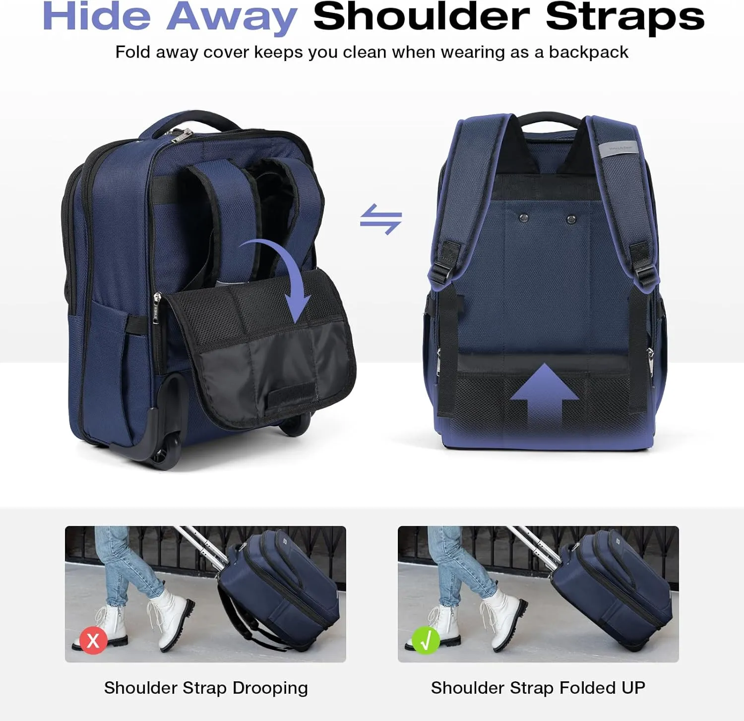 Rolling Backpack for Adults,17 Inch Waterproof Carry-on Backpack with Wheels, Wheeled Backpack Carry-on Luggage, Travel Backpack for Men Women Trolley Laptop Backpack Navy Blue Medium